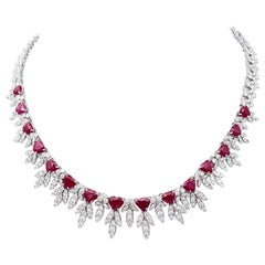 Vintage Heart Rubies, Diamonds, 14 Karat White Gold Retrò Necklace