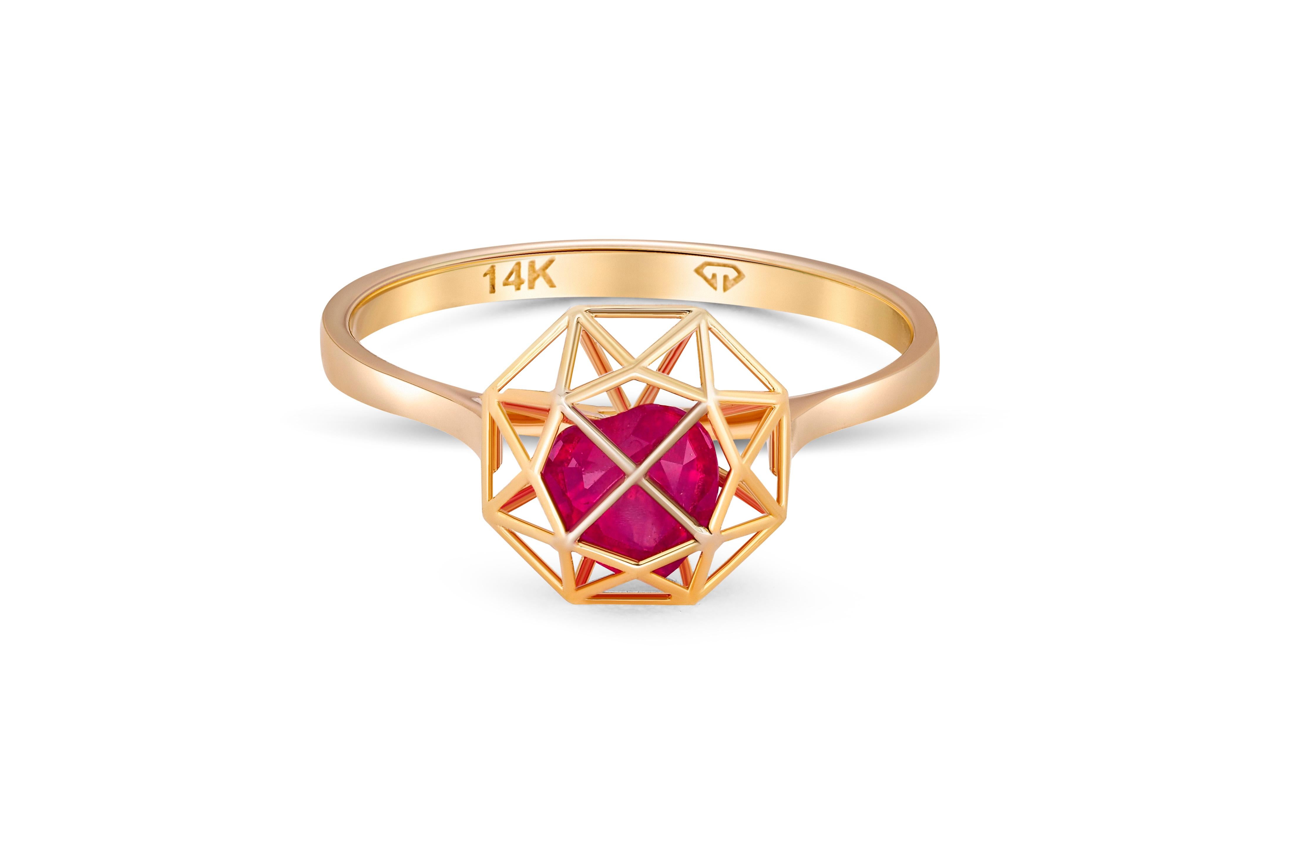 Heart ruby 14k gold ring. 
Red ruby heart in jail ring. Heart in a prison ring. Spider web ring. July birthstone ring. Valentine gift ring.

Metal: 14k gold
Weight: 1.7 g. depends from size.

Set with ruby, color - red
Heart cut, approx 0.50 ct. in