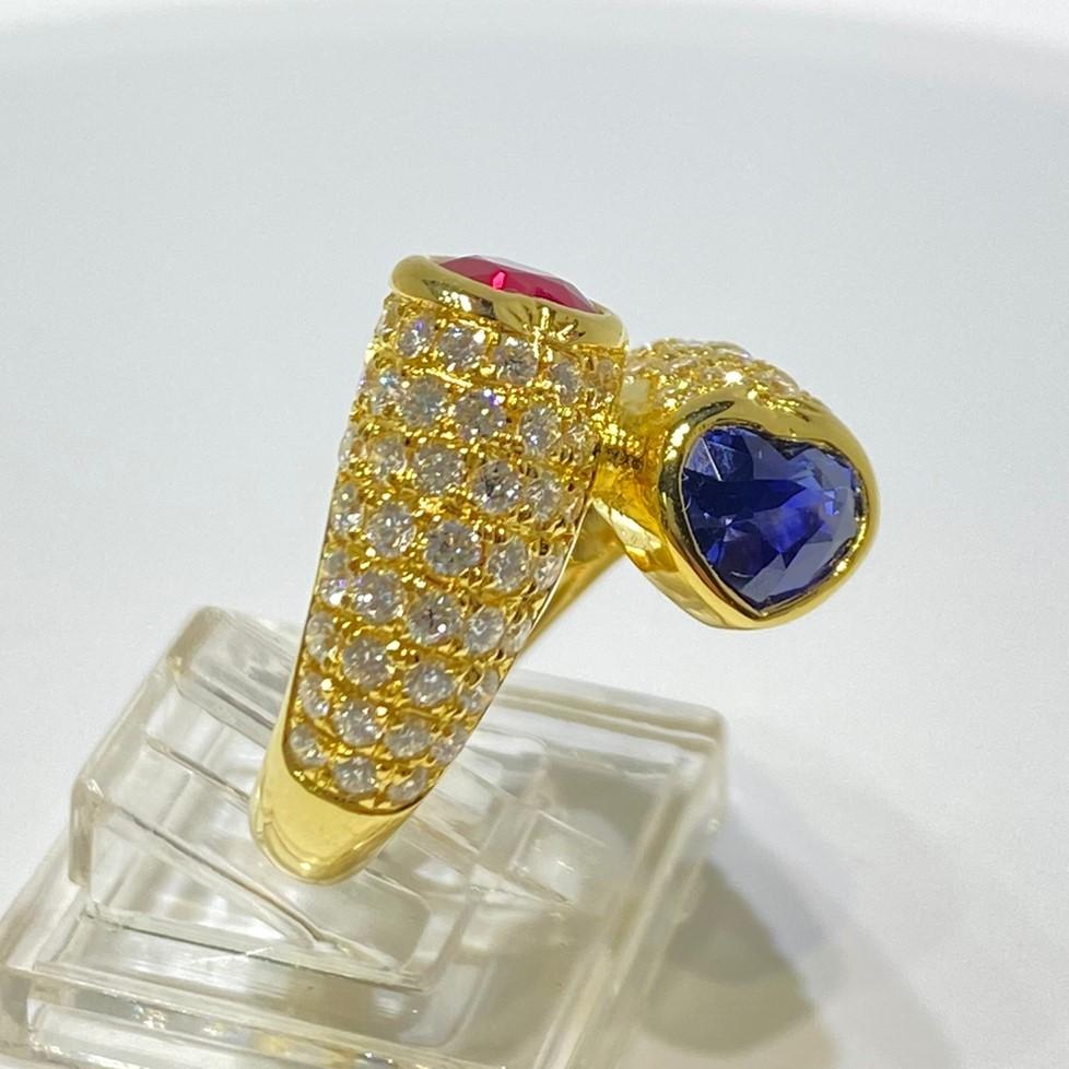 Art Deco Heart Ruby and Blue Sapphire Diamond Toi Et Moi Ring in Yellow Gold