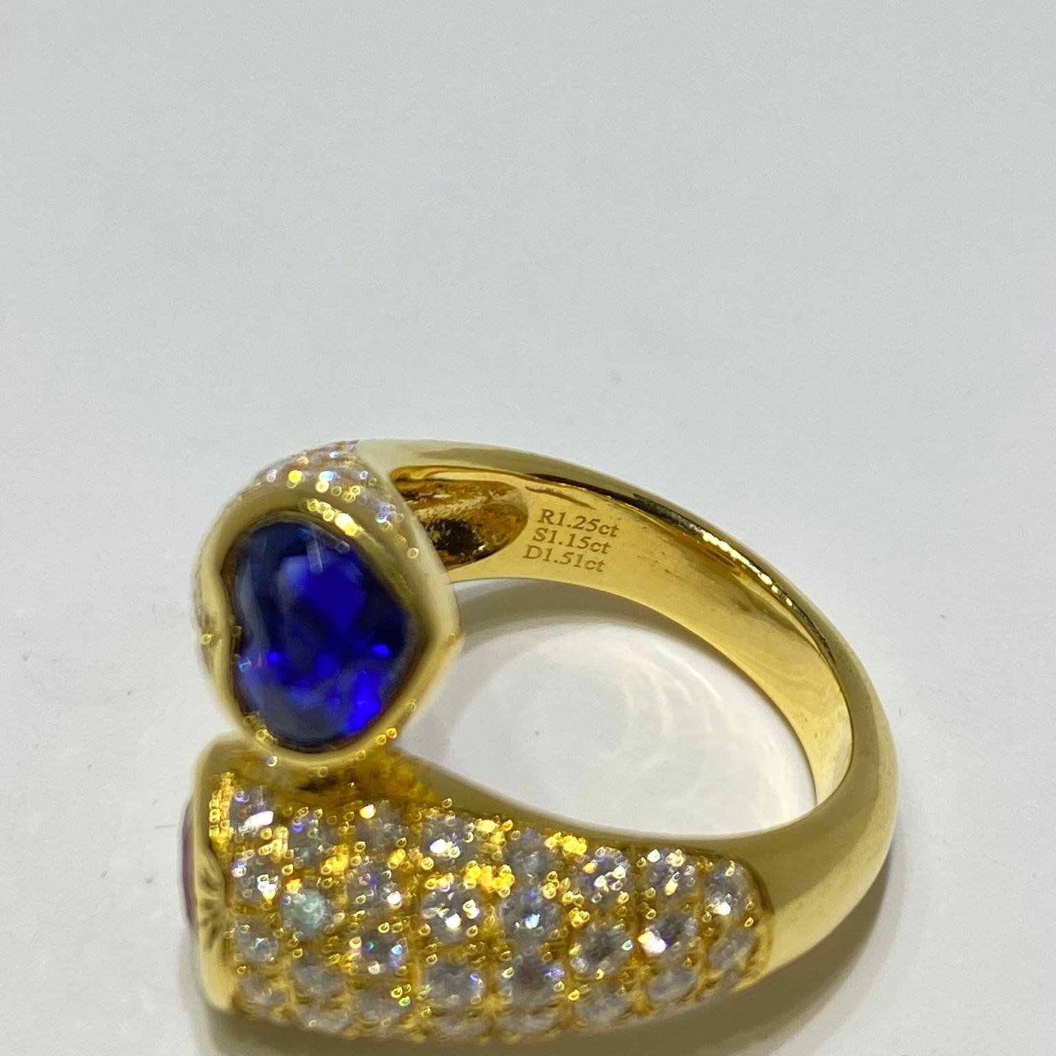Heart Cut Heart Ruby and Blue Sapphire Diamond Toi Et Moi Ring in Yellow Gold