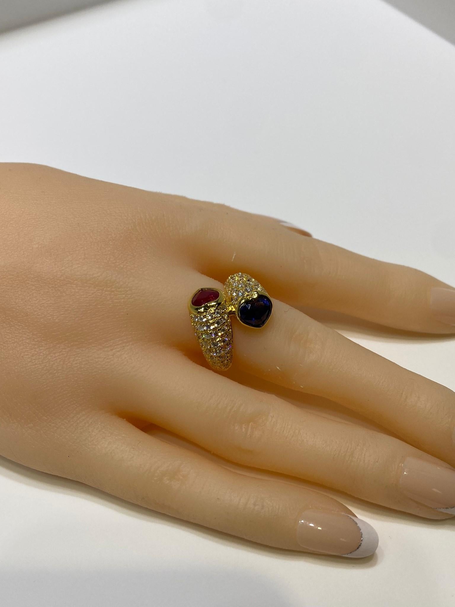 Women's Heart Ruby and Blue Sapphire Diamond Toi Et Moi Ring in Yellow Gold
