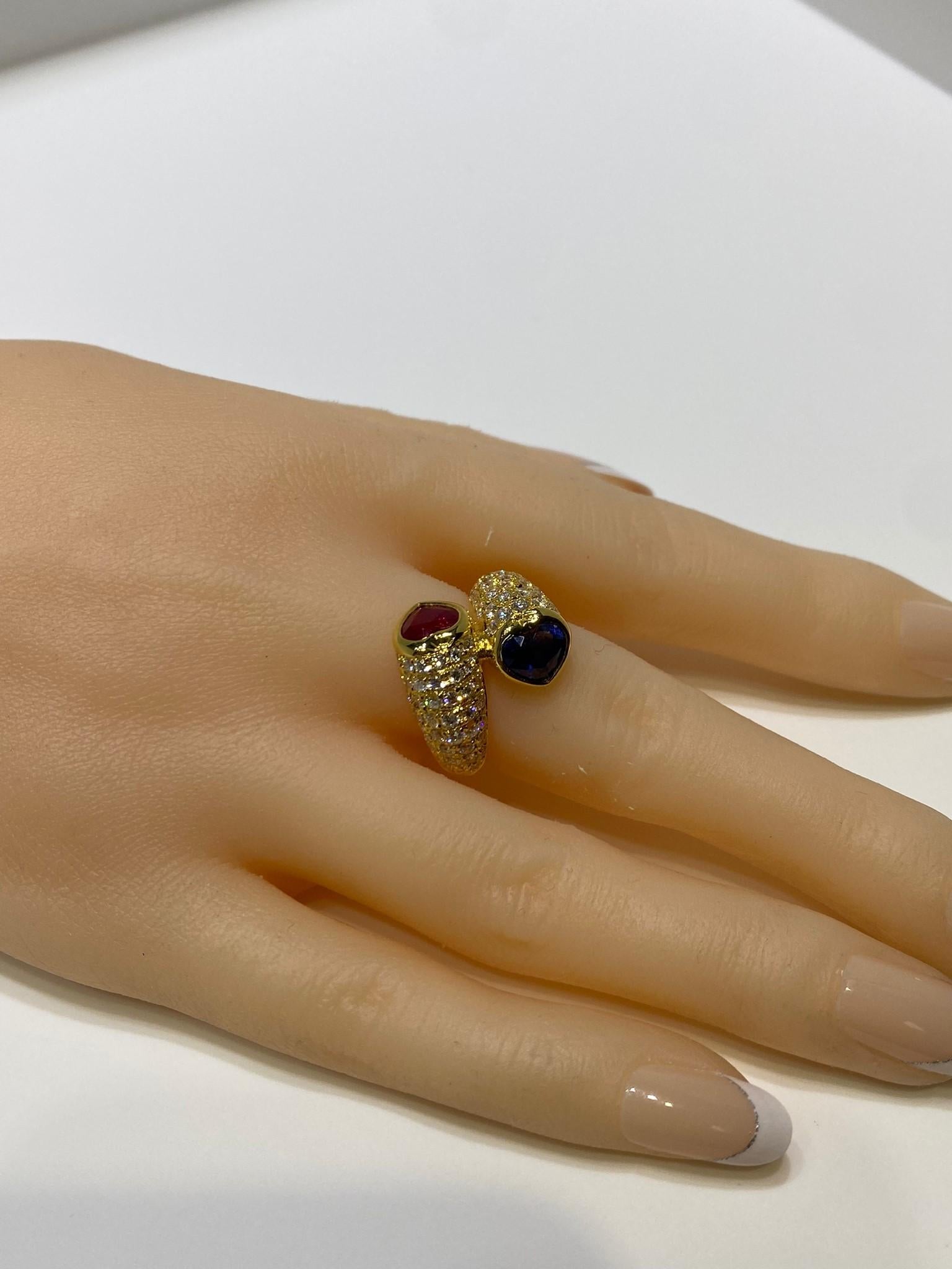 Toi Et Moi-Ring aus Gelbgold mit Herz, Rubin und blauem Saphir und Diamant Damen