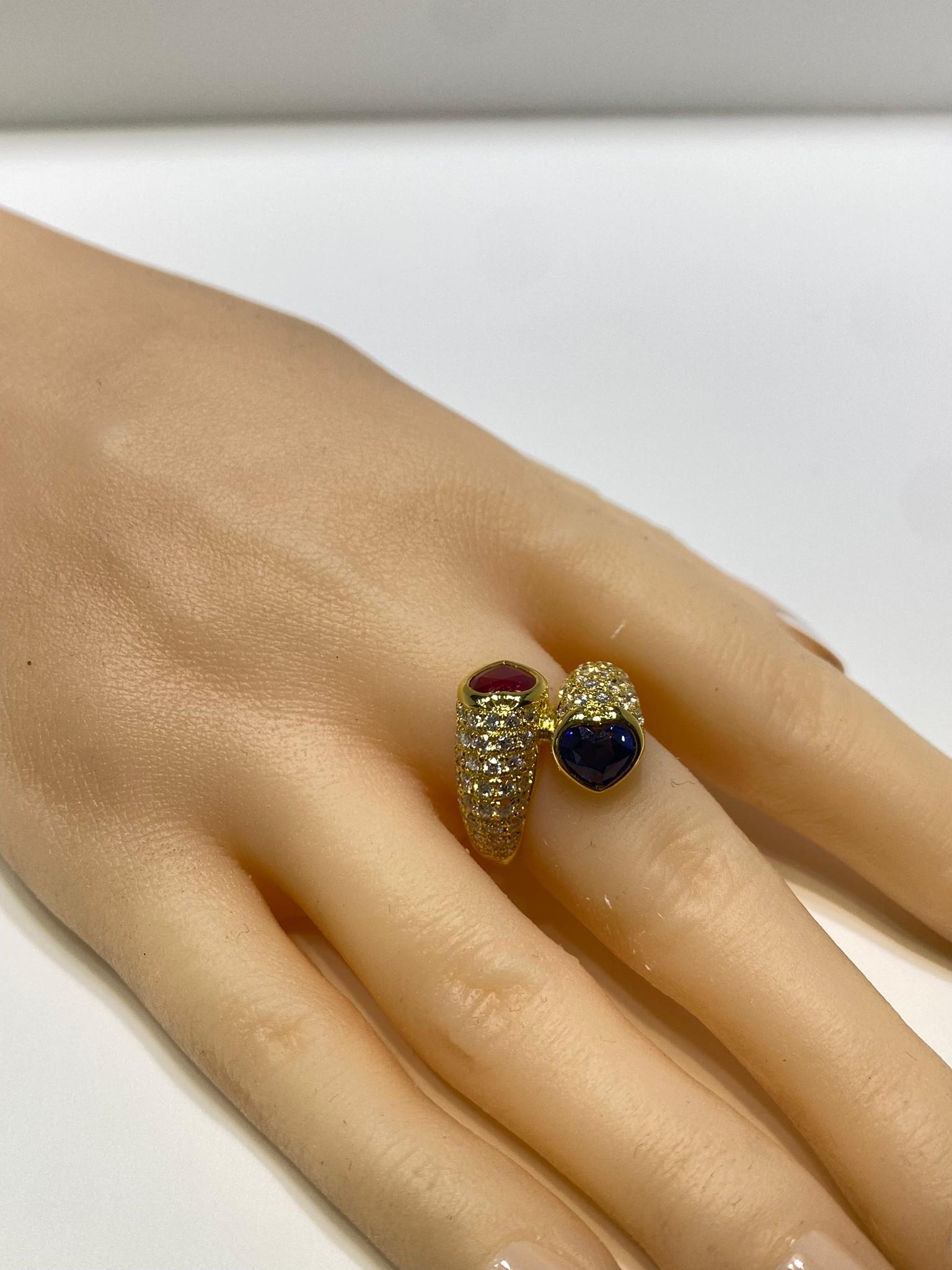 Heart Ruby and Blue Sapphire Diamond Toi Et Moi Ring in Yellow Gold 1