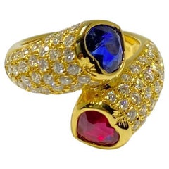 Heart Ruby and Blue Sapphire Diamond Toi Et Moi Ring in Yellow Gold