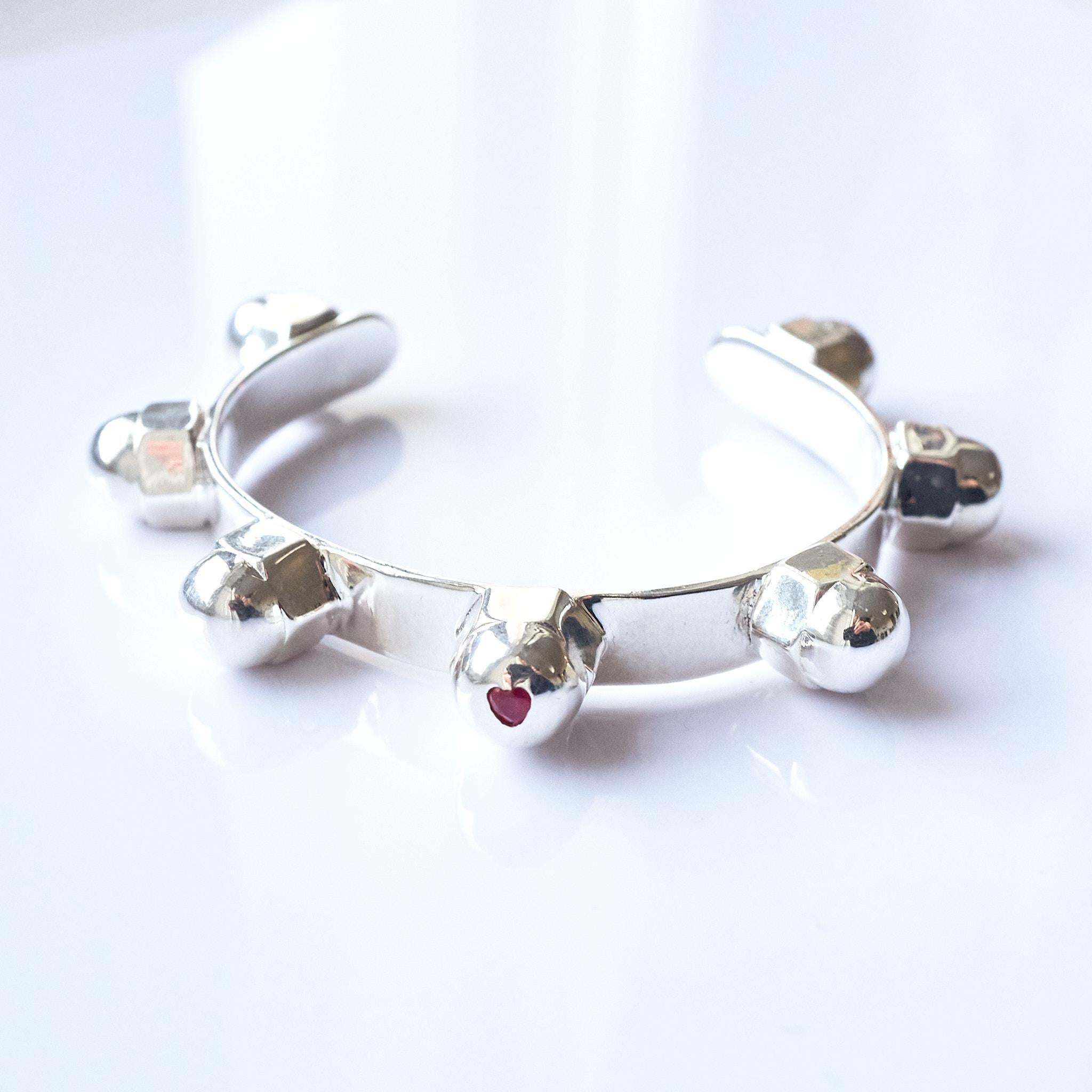 Women's Heart Ruby Cuff Bangle Bracelet Sterling Silver Studs J Dauphin For Sale