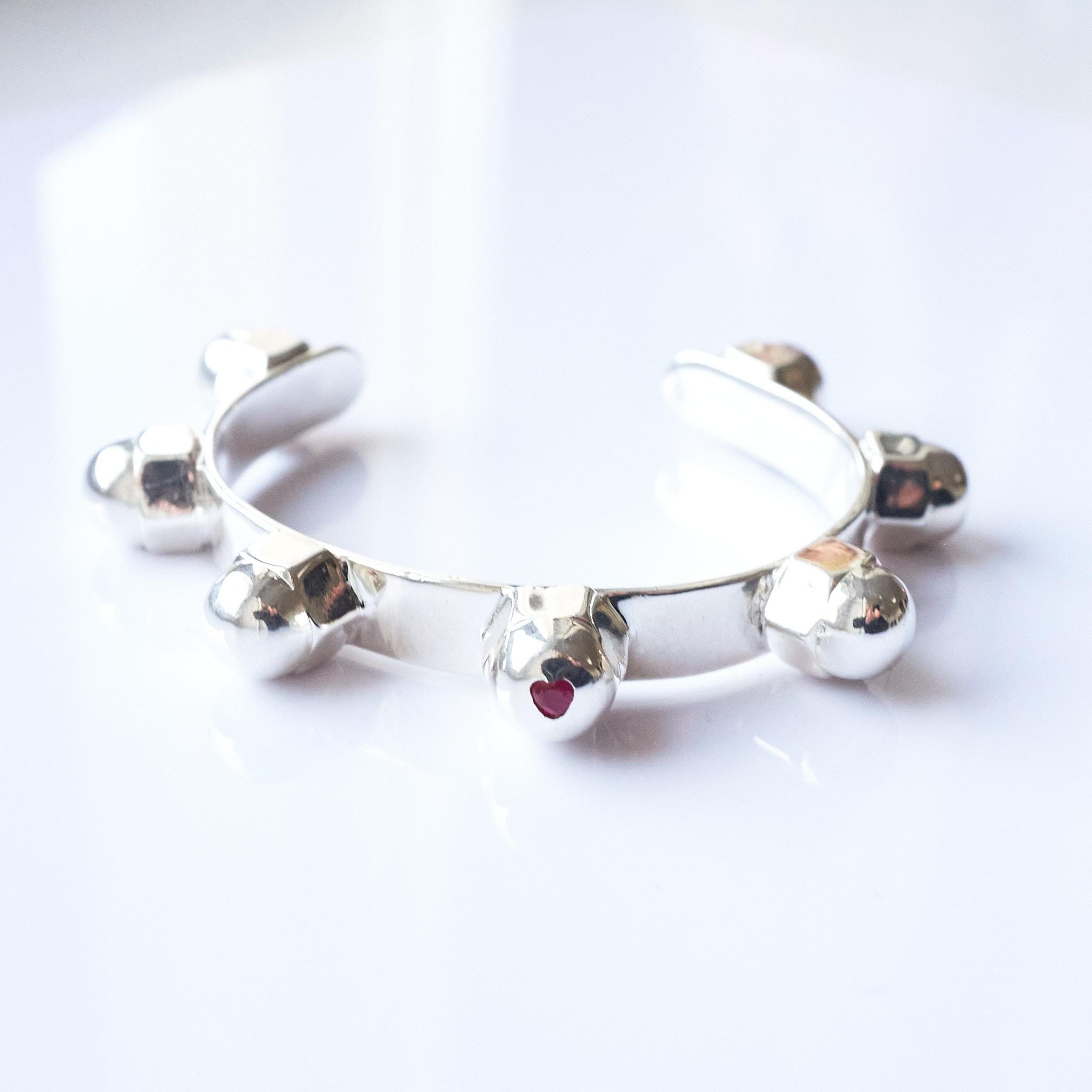 Heart Ruby Cuff Bangle Bracelet Sterling Silver Studs J Dauphin For Sale 2