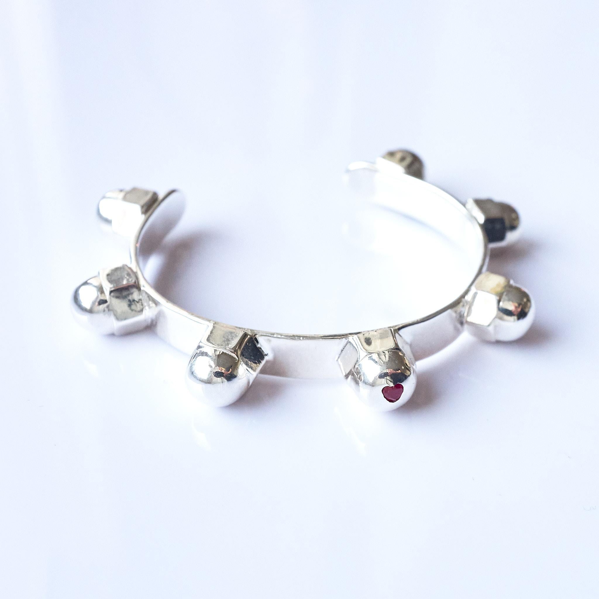 Heart Ruby Cuff Bangle Bracelet Sterling Silver Studs J Dauphin For Sale 1