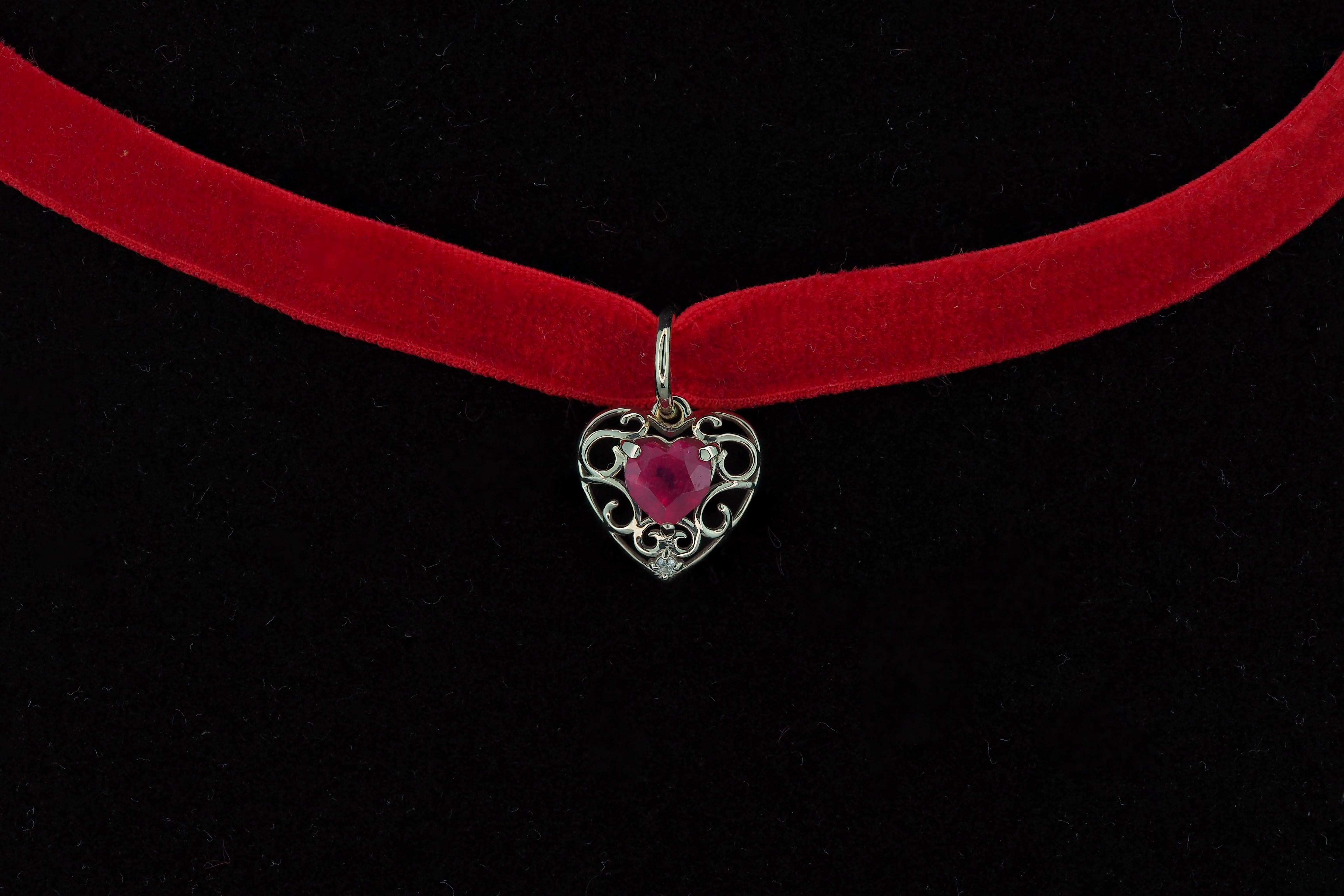 Modern Heart Ruby, diamond 14k gold Pendant.  For Sale