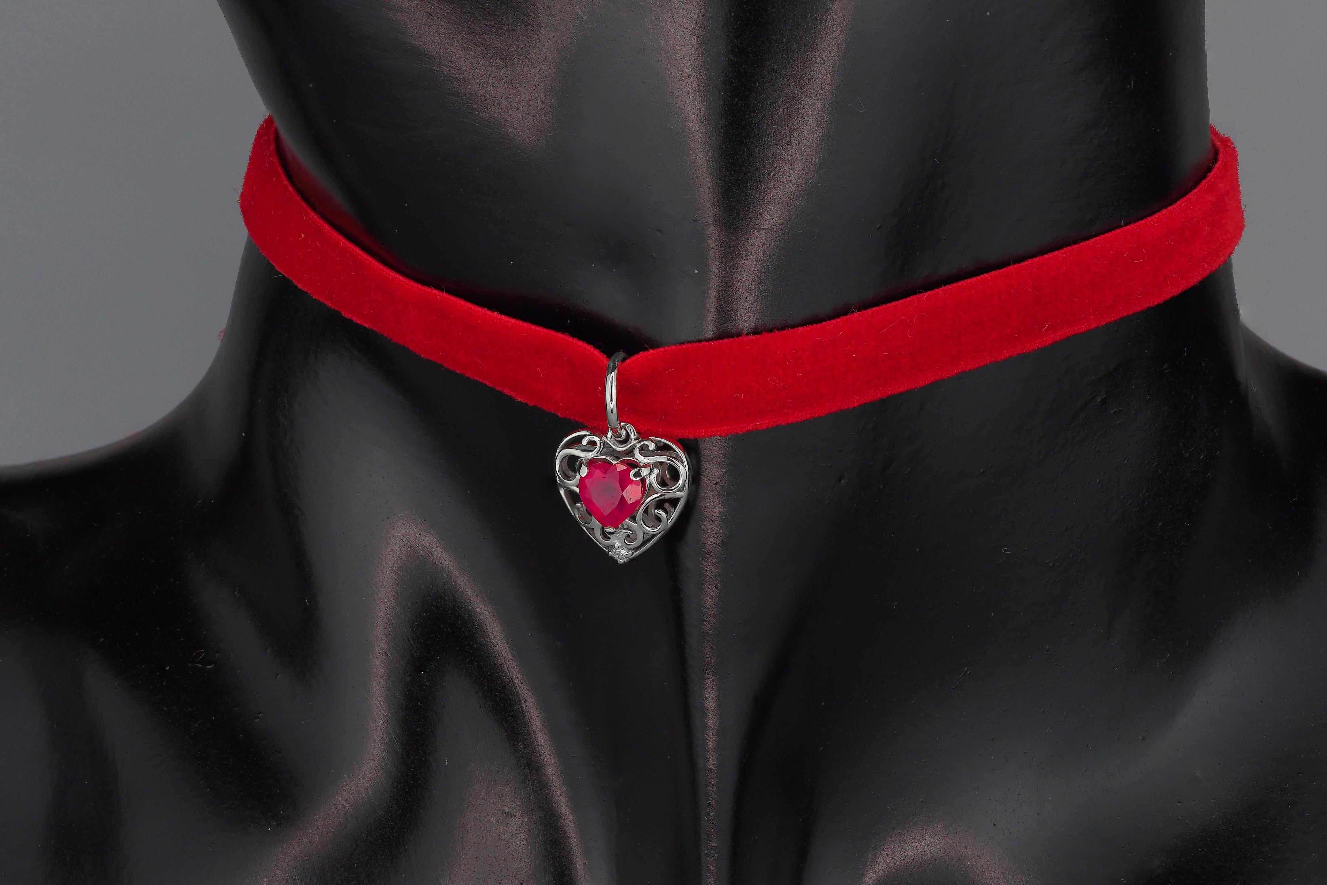 Heart Cut Heart Ruby, diamond 14k gold Pendant. 