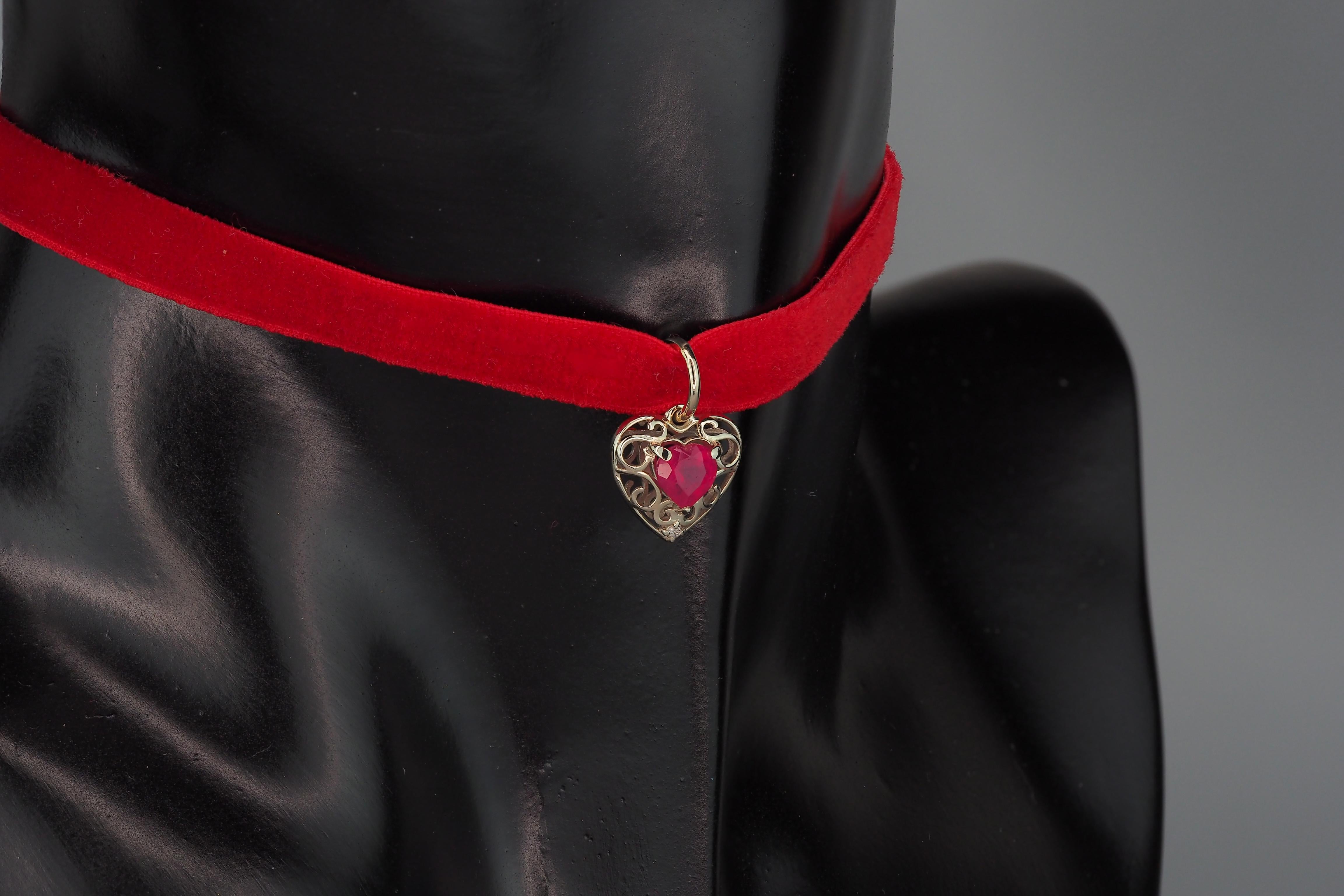 Heart Ruby, diamond 14k gold Pendant.  In New Condition In Istanbul, TR