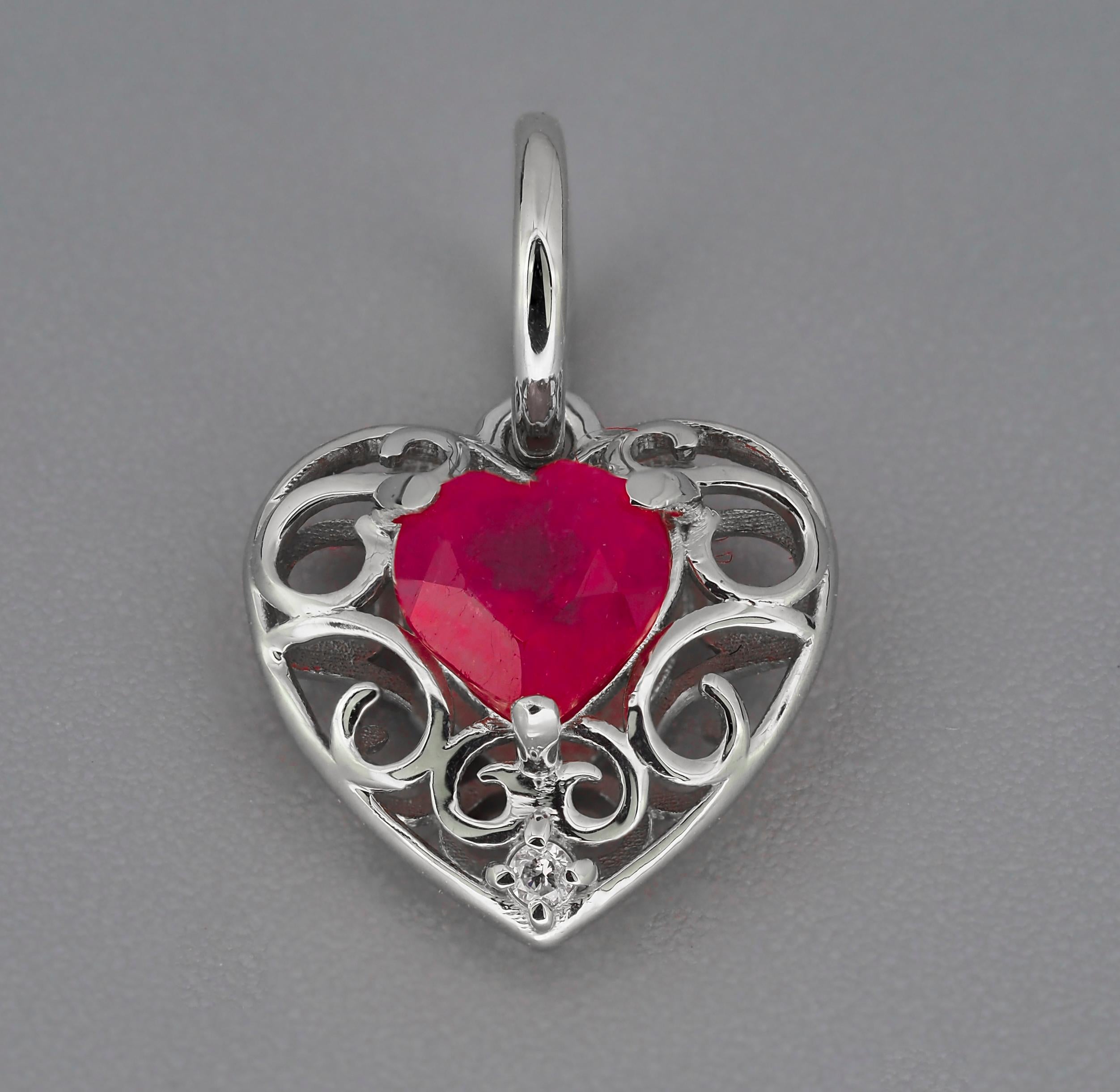 Heart Ruby, diamond 14k gold Pendant.  For Sale 1