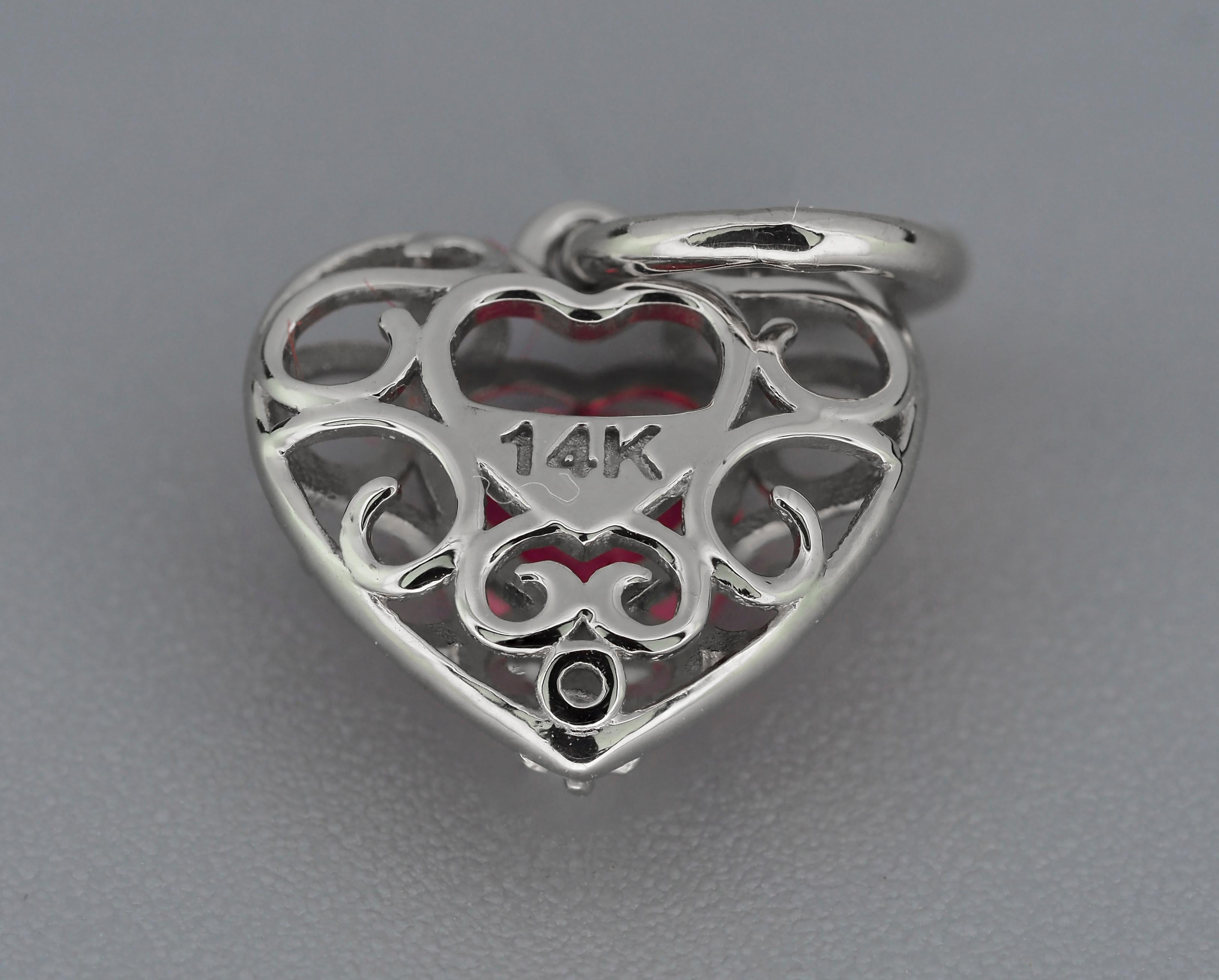 Heart Ruby, diamond 14k gold Pendant.  For Sale 3