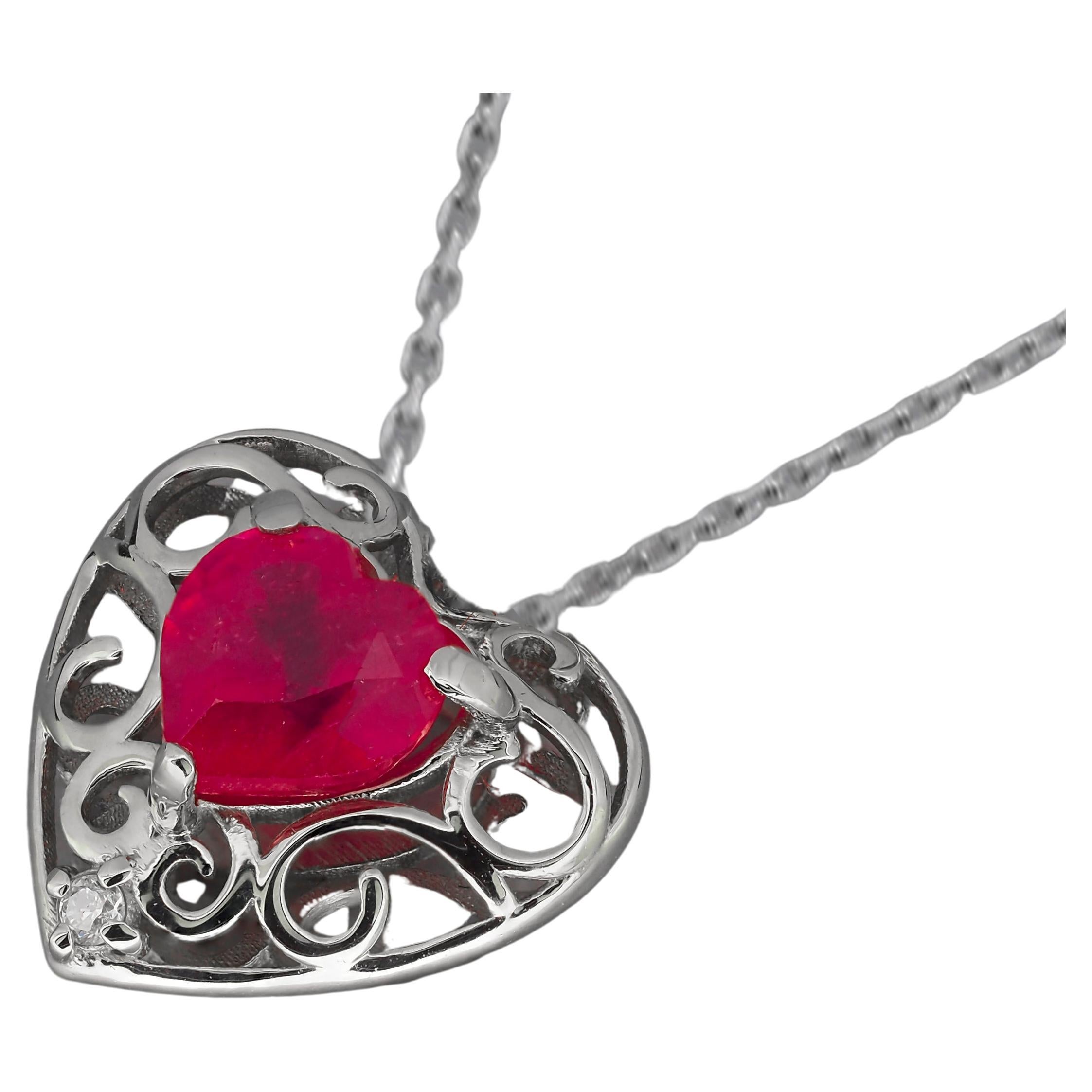 Heart Ruby, diamond 14k gold Pendant.  For Sale