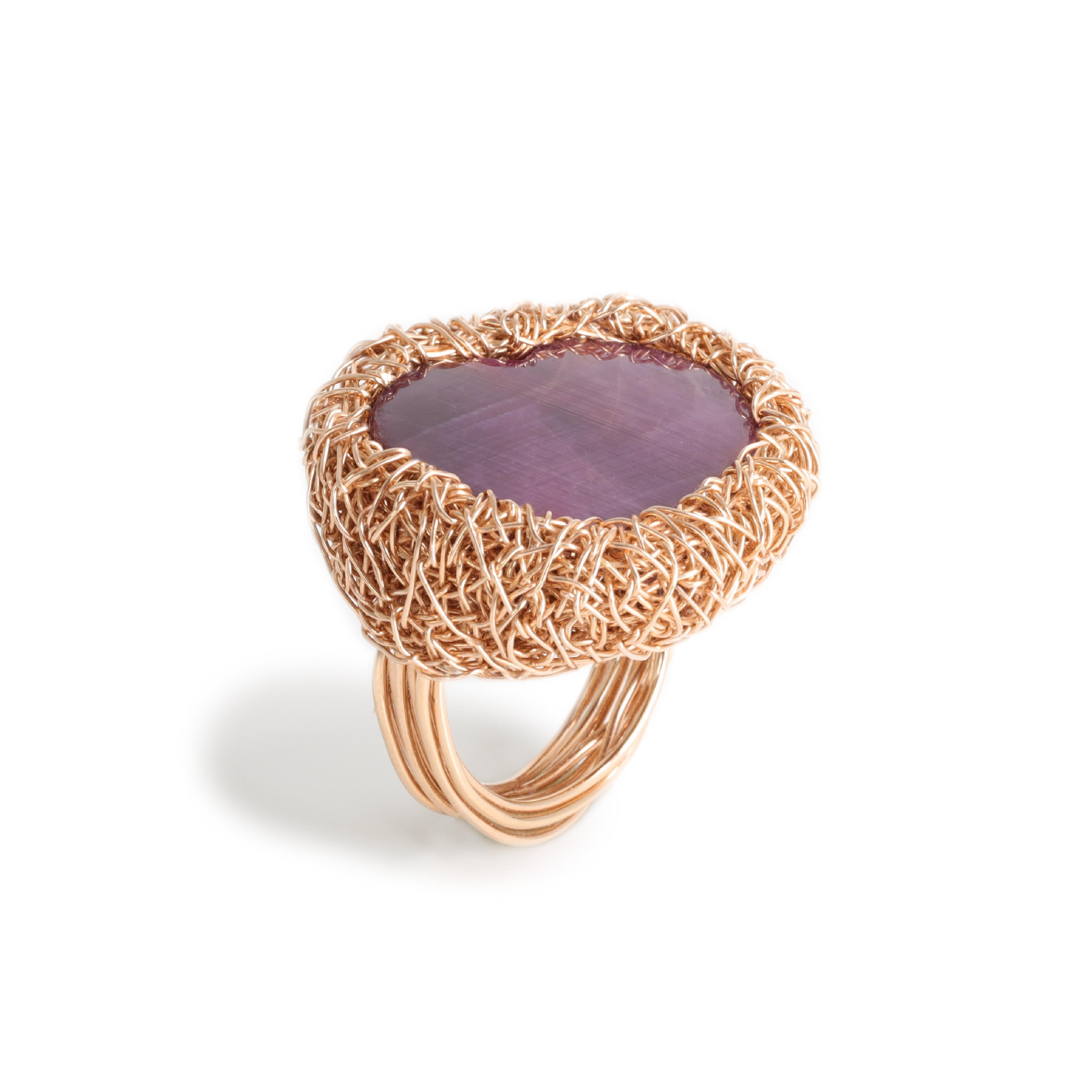 Contemporary Heart Ruby in 14 Kt Rose Filled Woven Cocktail Statement Ring by the Artist