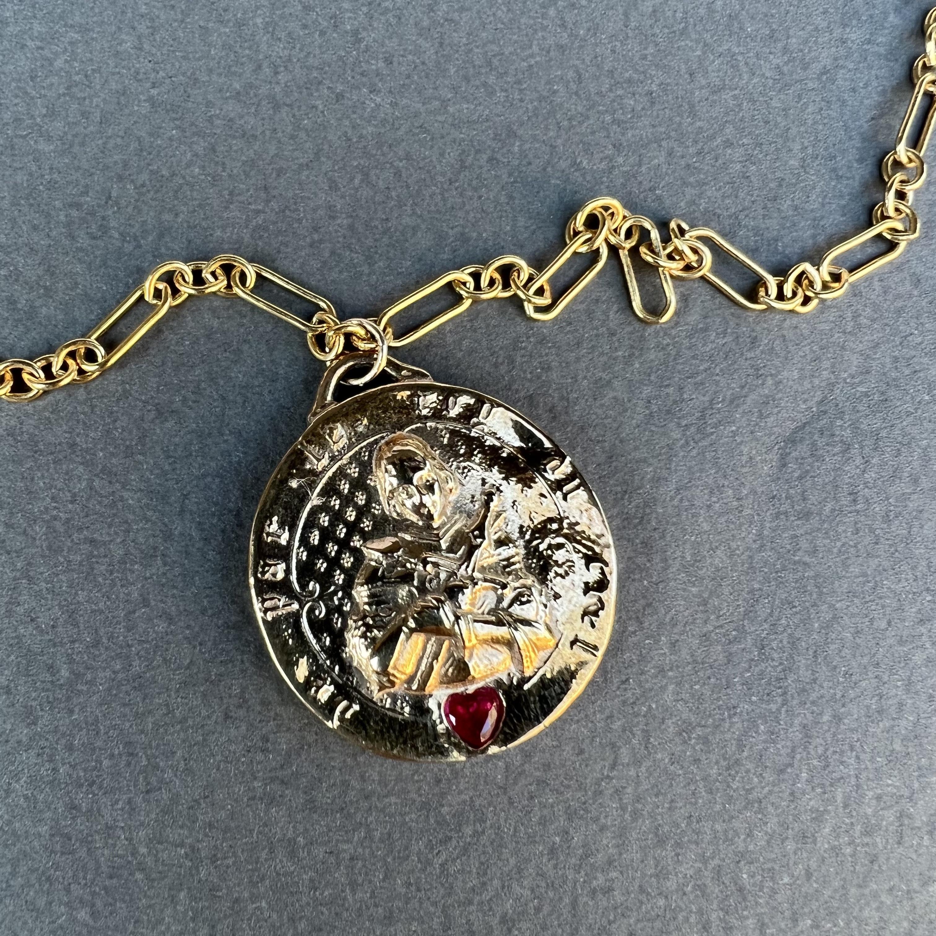 Heart Ruby Medal Chain Necklace Joan of Arc Pendant Bronze J Dauphin In New Condition For Sale In Los Angeles, CA