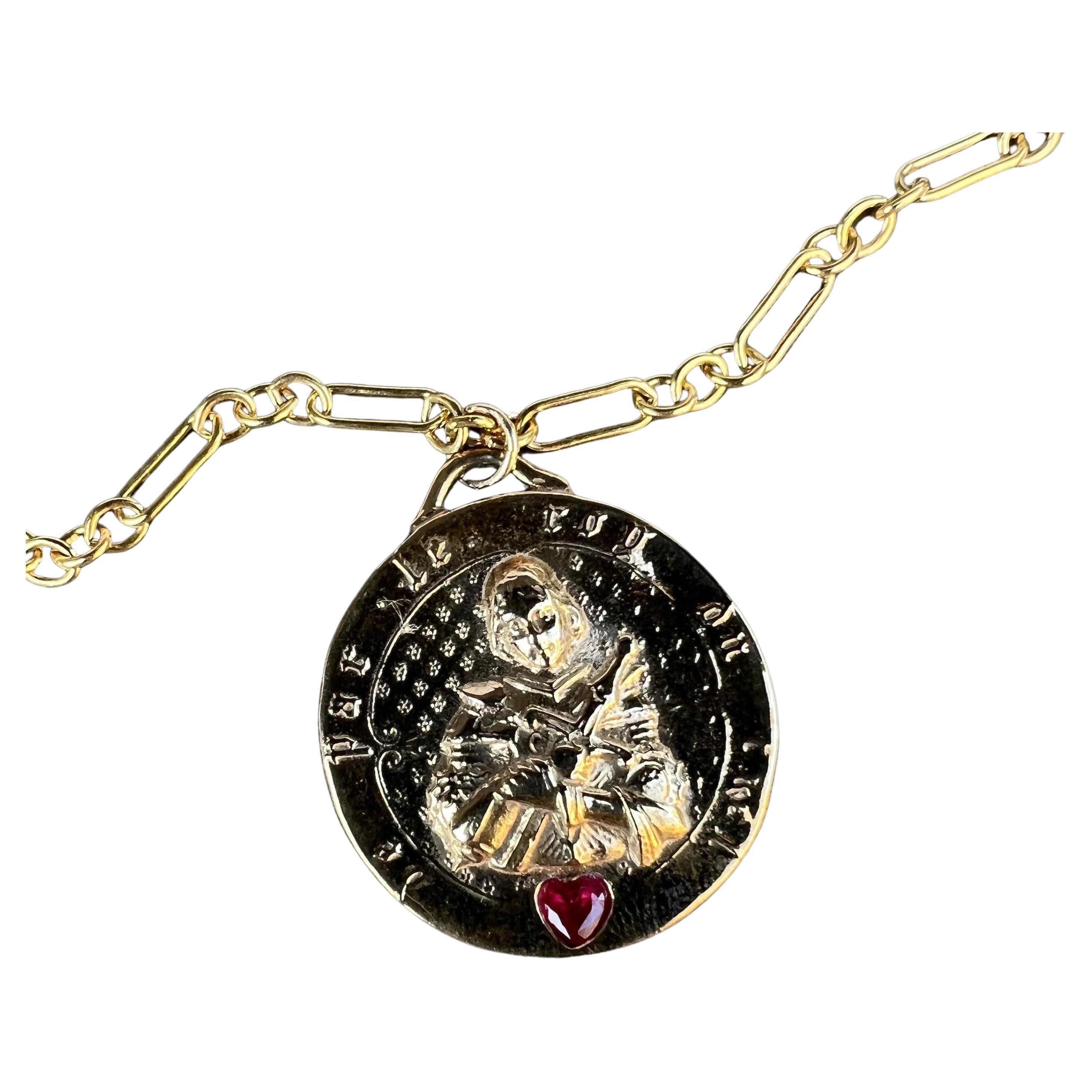 Heart Ruby Medal Chain Necklace Joan of Arc Pendant Bronze J Dauphin For Sale