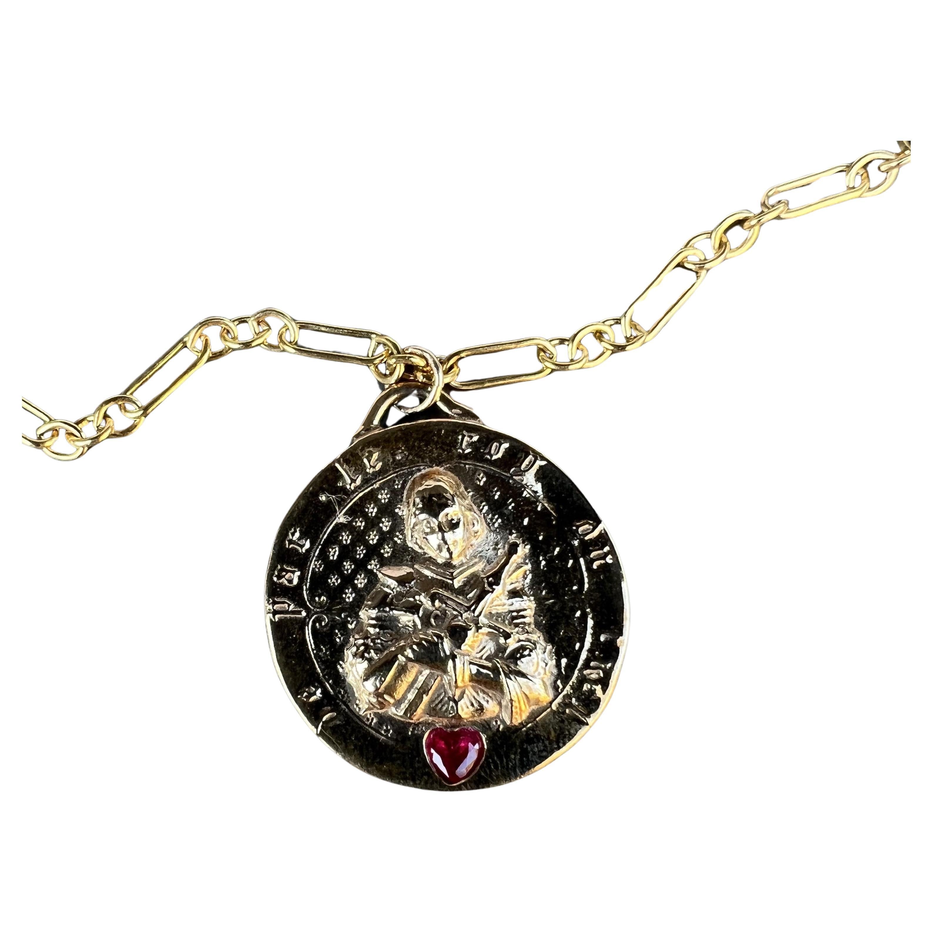 Heart Ruby Medal Chain Necklace Joan of Arc Pendant J Dauphin