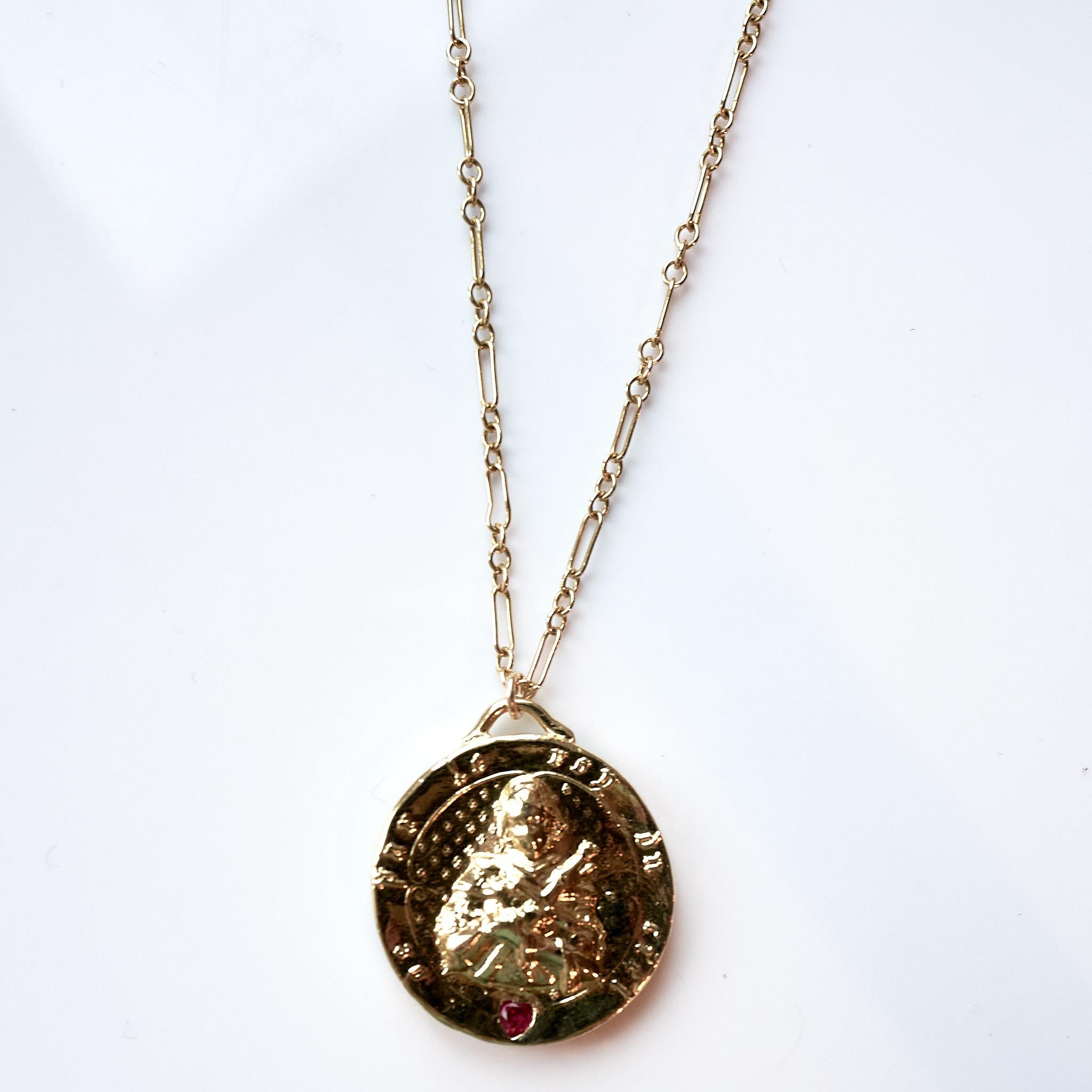 Heart Ruby Medal Gold Plated Joan of Arc Chain Necklace J Dauphin For Sale 4