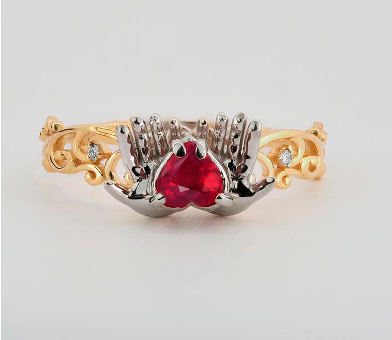 Modern Heart Ruby Ring in 14 Karat Gold, July Birthstone Ruby Ring