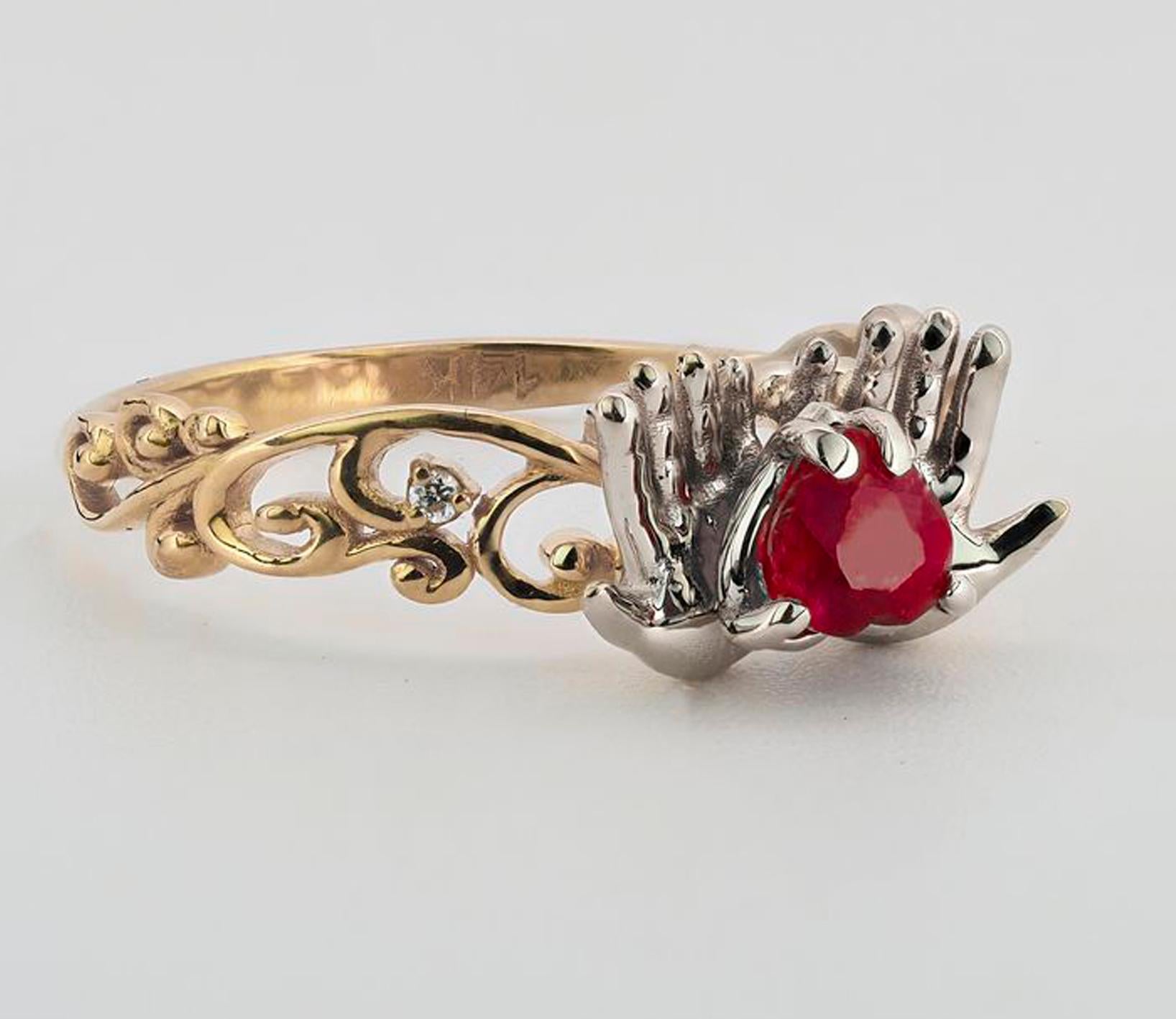 Heart Ruby Ring in 14 Karat Gold, July Birthstone Ruby Ring In New Condition In Istanbul, TR