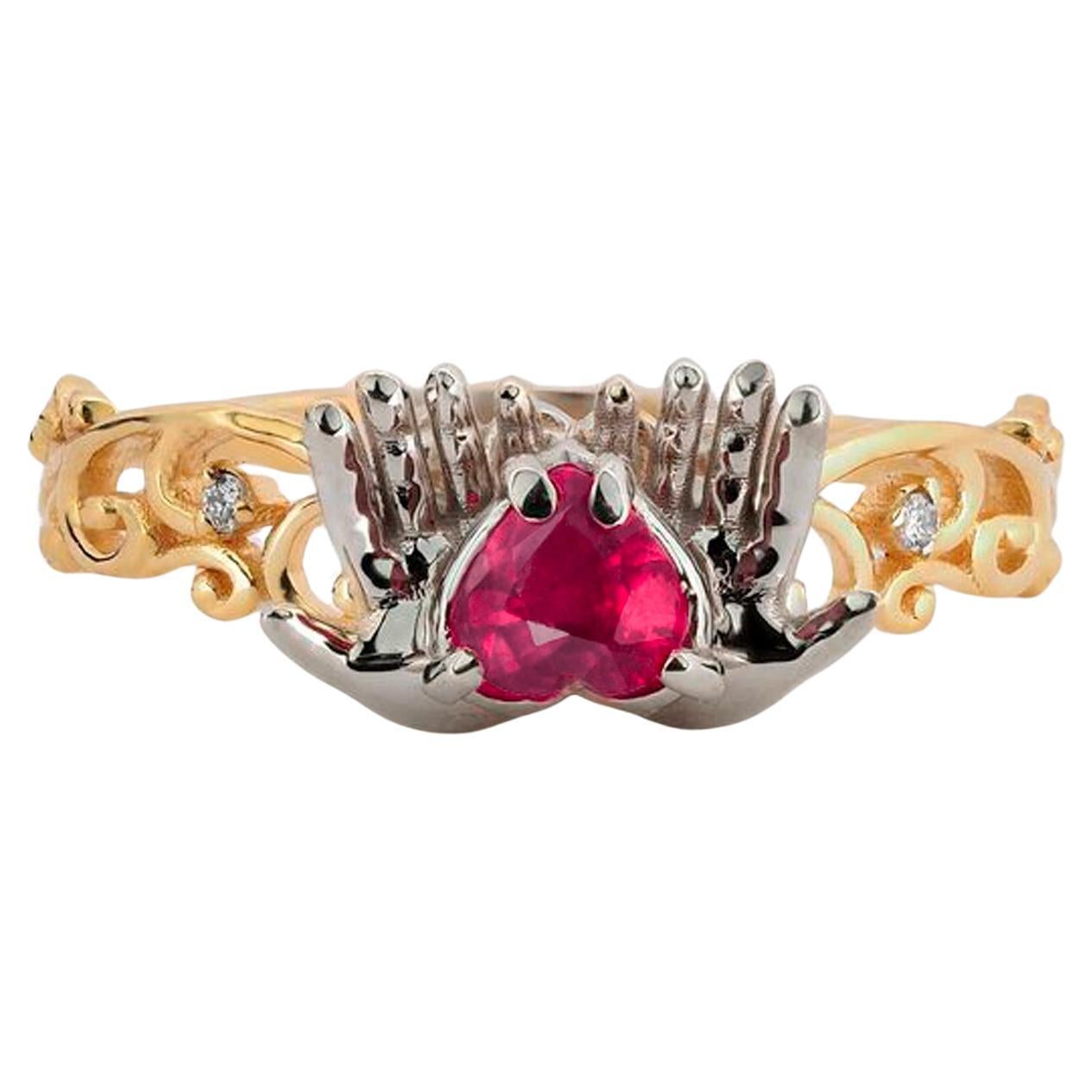 For Sale:  Heart ruby ring in 14 karat gold. July birthstone ruby ring