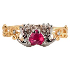 Heart ruby ring in 14 karat gold. July birthstone ruby ring