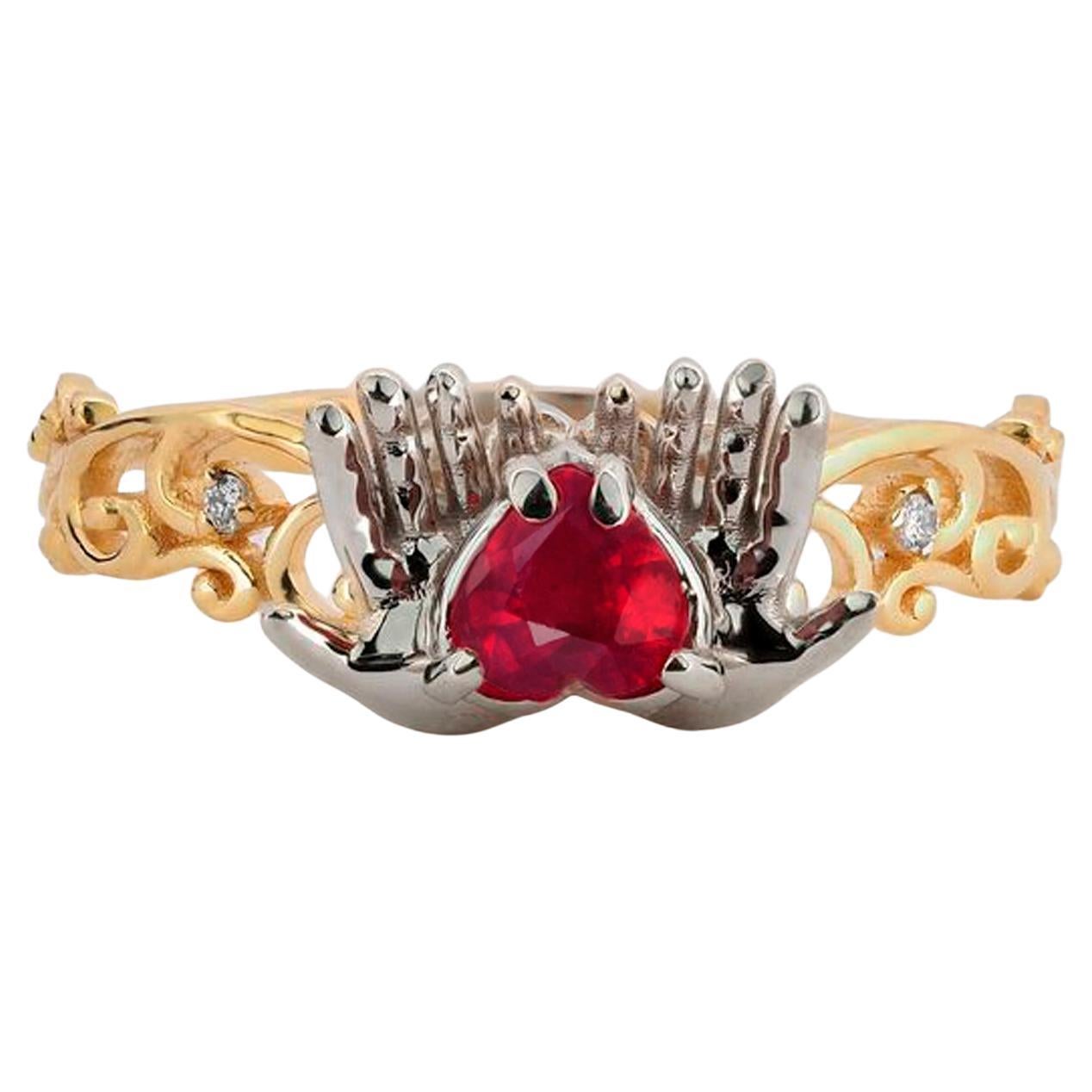 Heart Ruby Ring in 14 Karat Gold, July Birthstone Ruby Ring For Sale