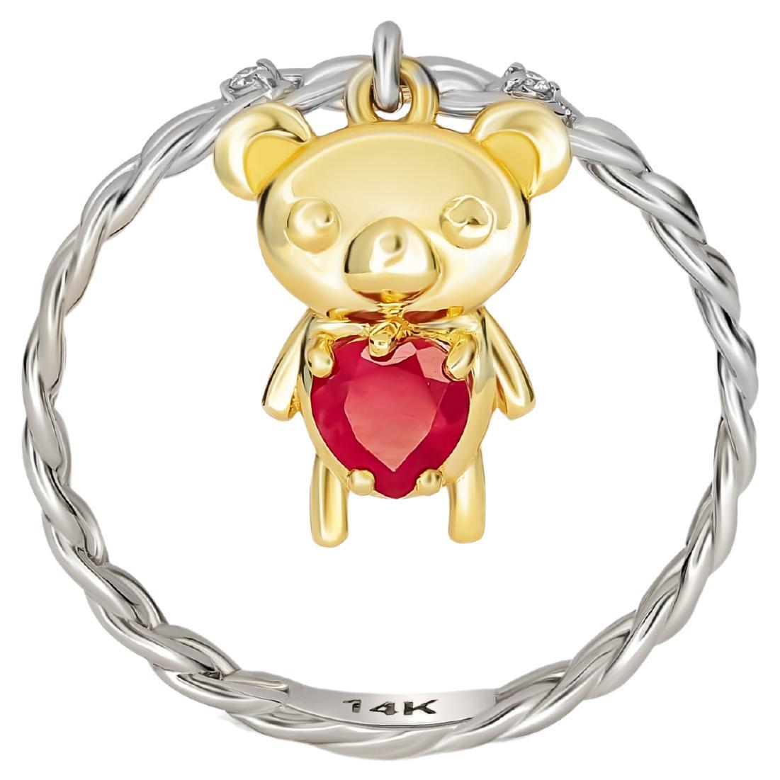 Heart ruby ring in 14 karat gold. Teddy Bear Gold Ring. 