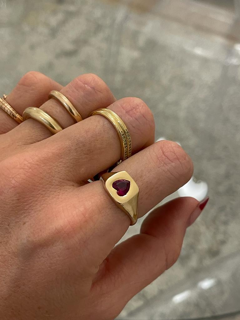 Contemporary Heart Ruby* Signet Ring in 14ct Yellow Gold