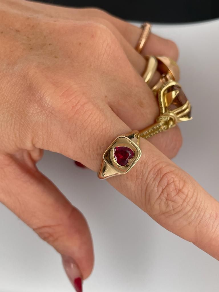 Heart Cut Heart Ruby* Signet Ring in 14ct Yellow Gold