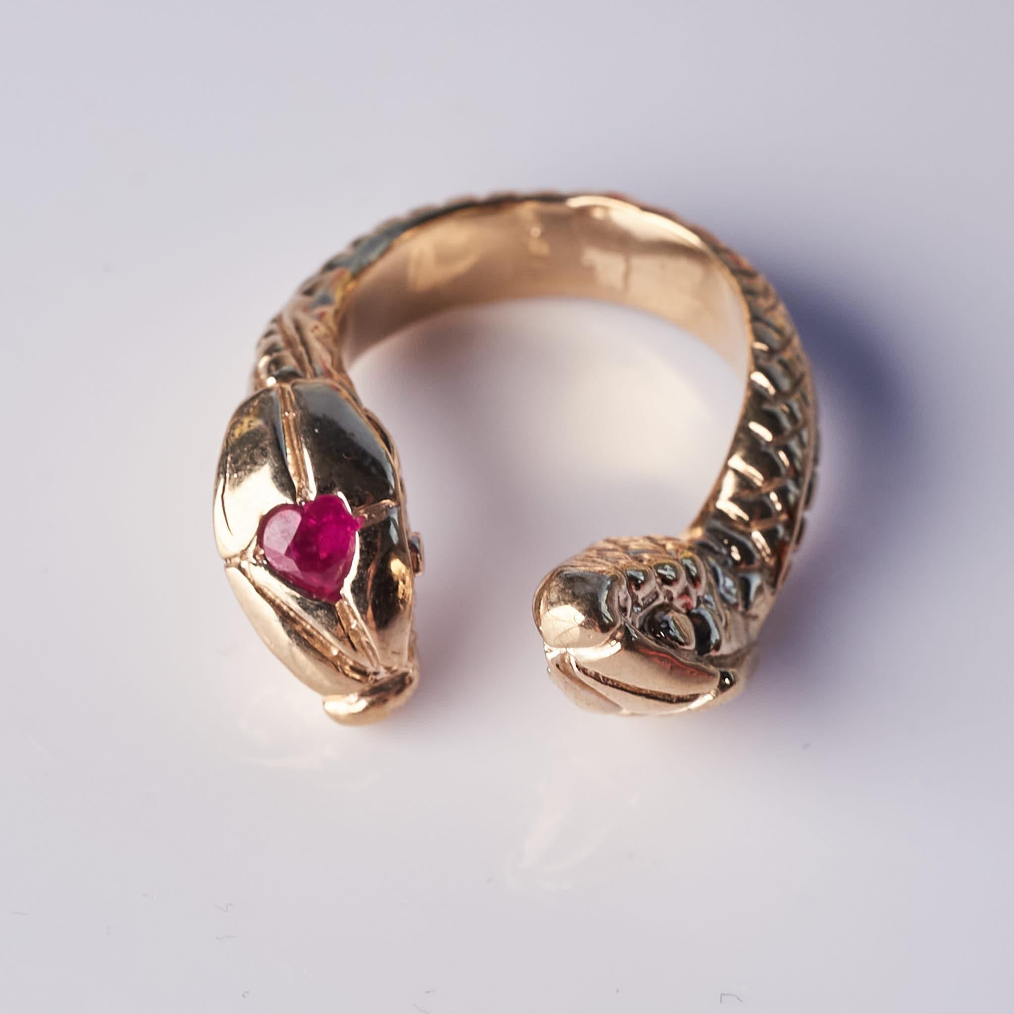 Victorian Heart Ruby Snake Ring Cocktail Ring Bronze J Dauphin For Sale