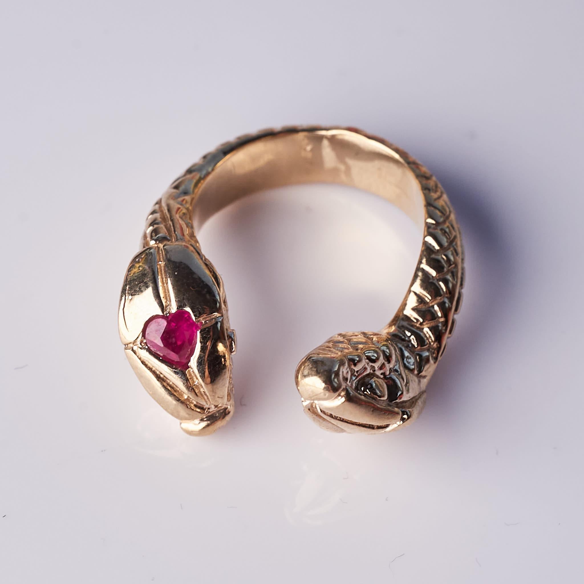 Heart Ruby Snake Ring Cocktail Ring Bronze J Dauphin In New Condition For Sale In Los Angeles, CA
