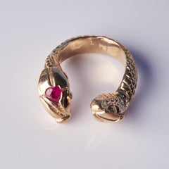 Heart Ruby Snake Ring 14k Gold White Diamond Emerald Eyes Cocktail Ring
