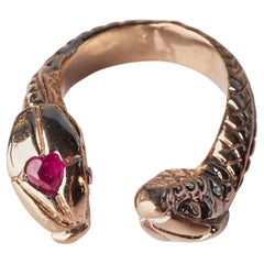 Heart Ruby Snake Ring 14k Gold White Diamond Emerald Eyes Cocktail Ring