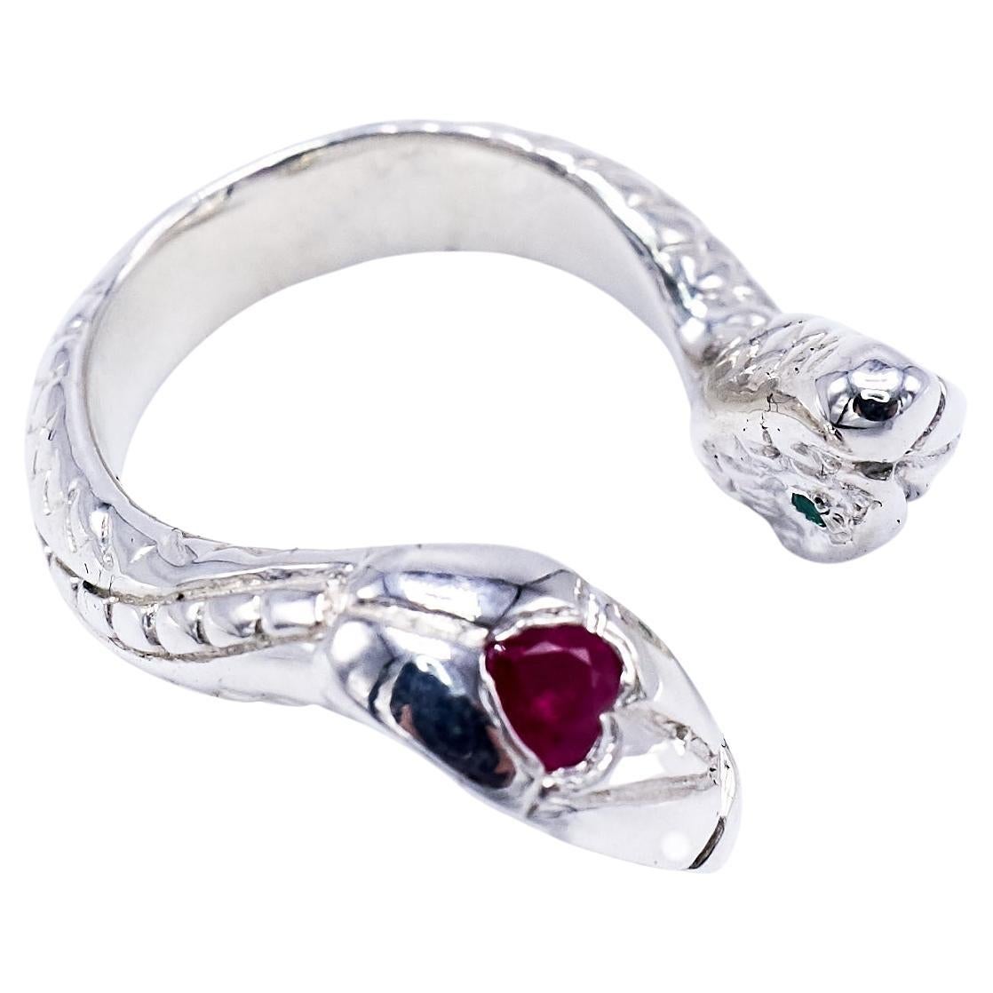 Heart Ruby Snake Ring Sterling Silver White Diamond Emerald Cocktail Ring In New Condition For Sale In Los Angeles, CA