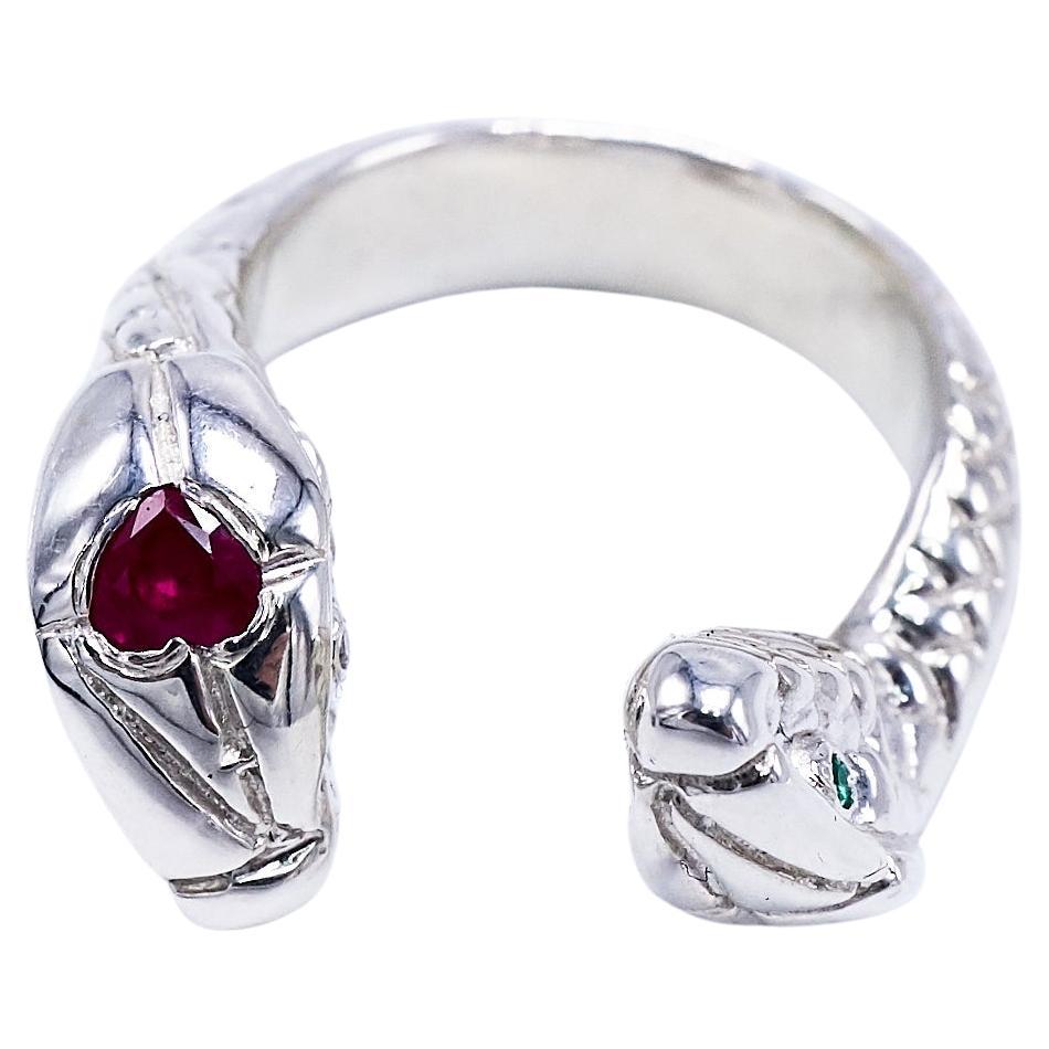 Heart Ruby Snake Ring Sterling Silver White Diamond Emerald Cocktail Ring For Sale