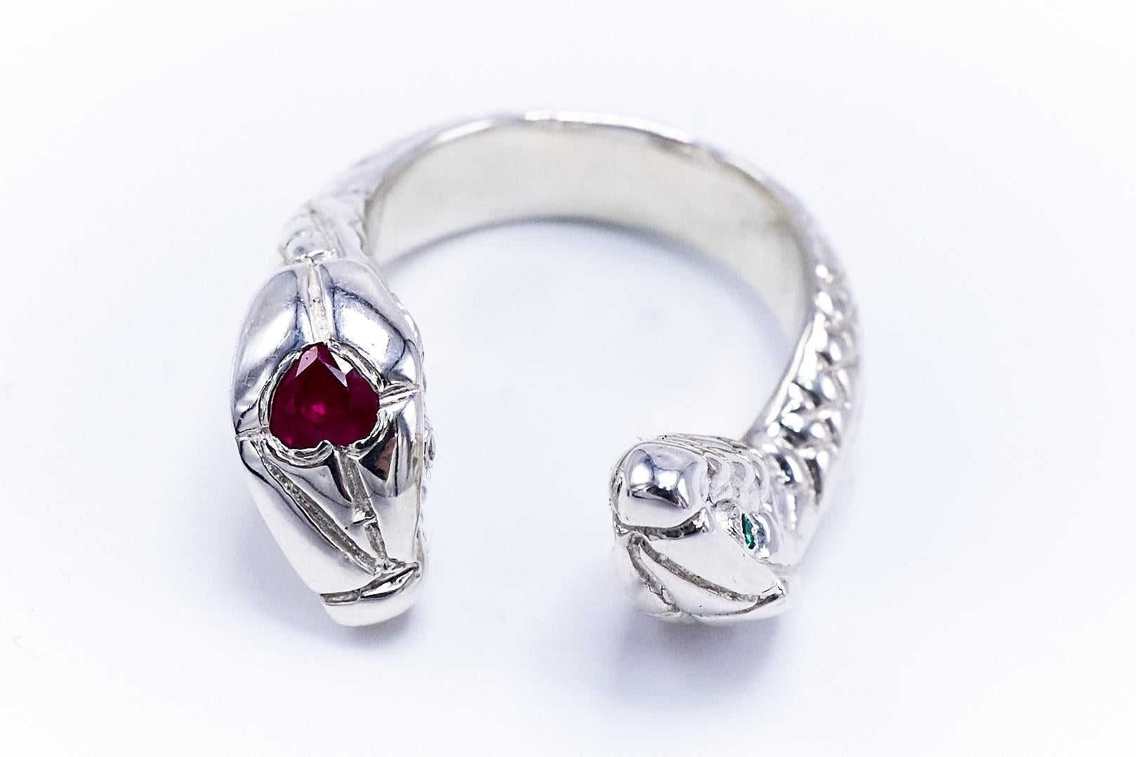Women's White Diamond Emerald Heart Ruby Snake Ring Silver Cocktail Ring J Dauphin For Sale