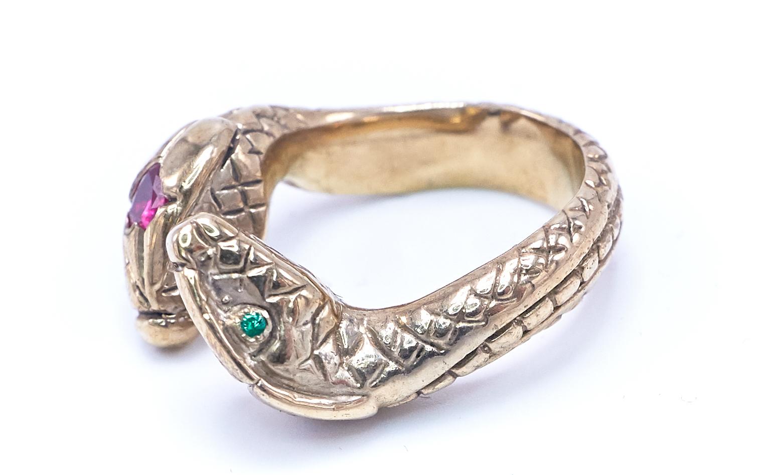  White Diamond  Emerald Heart Ruby Snake Cocktail  Bronze Ring  J Dauphin In New Condition In Los Angeles, CA