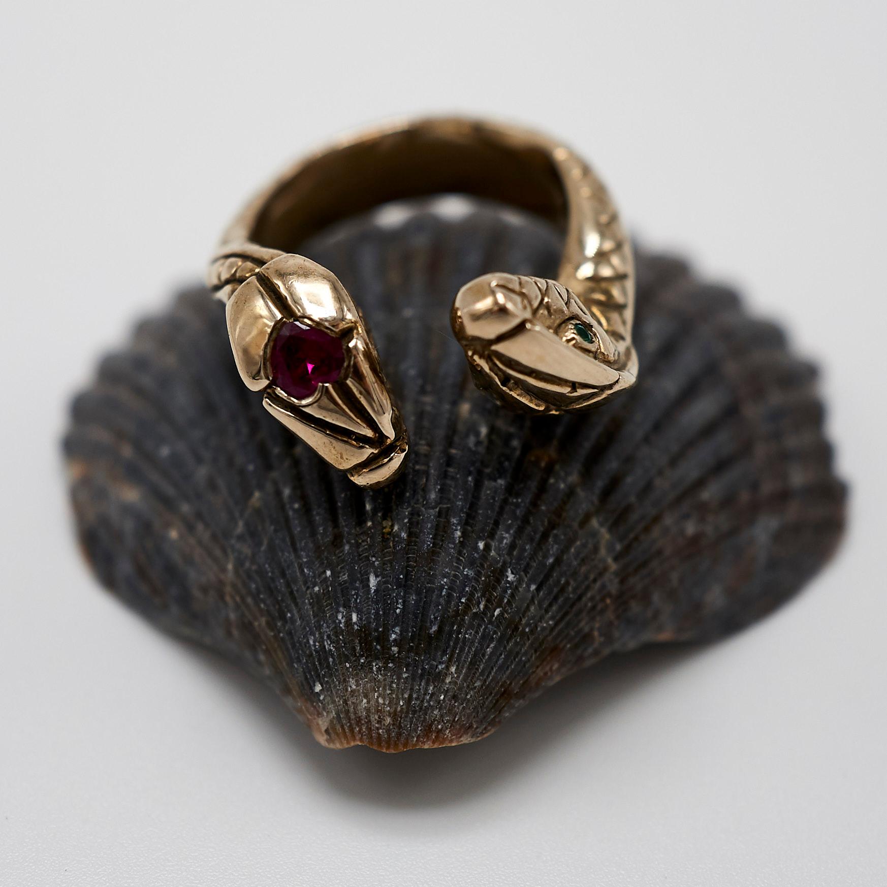 Contemporary White Diamond Emerald Heart Ruby Snake Ring Bronze Cocktail J Dauphin For Sale