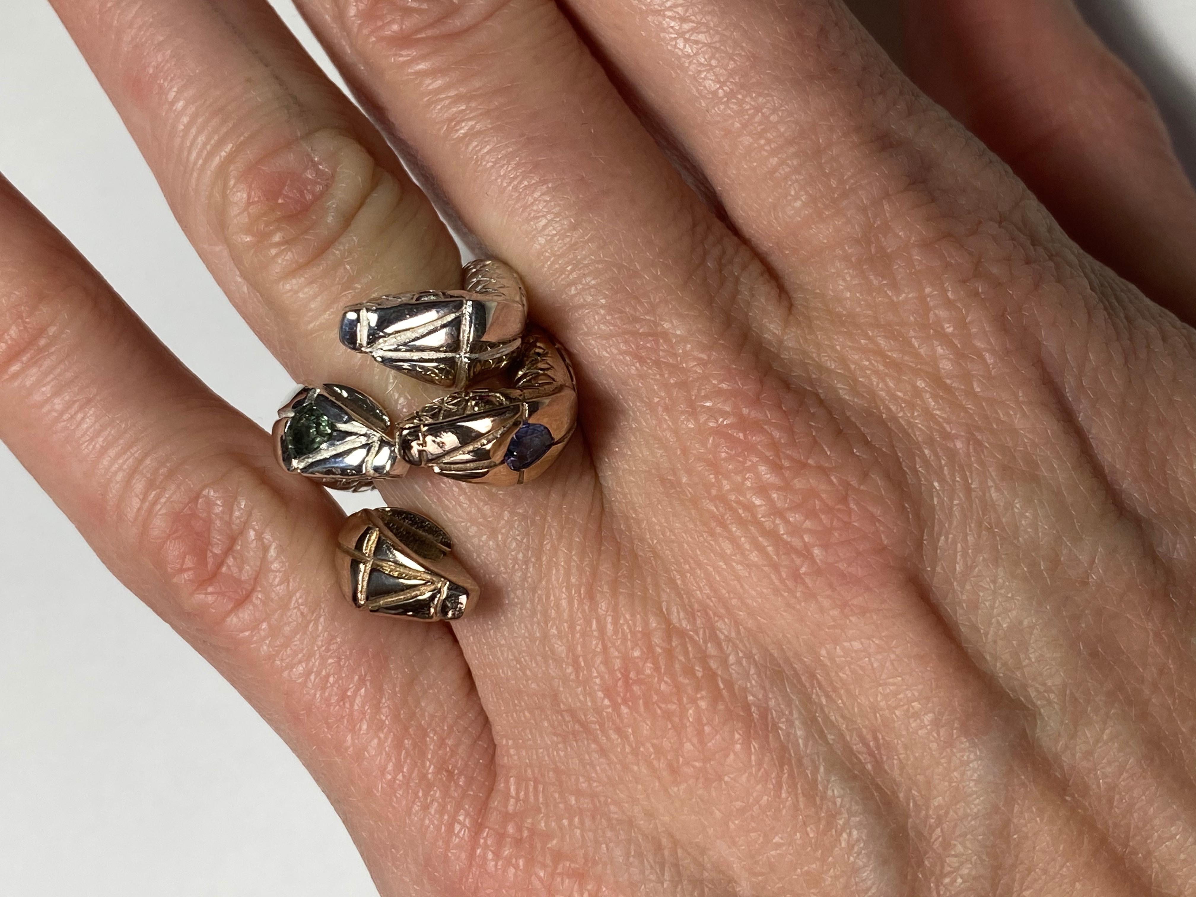 Emerald Cut Heart Ruby Snake Ring Bronze White Diamond Emerald For Sale