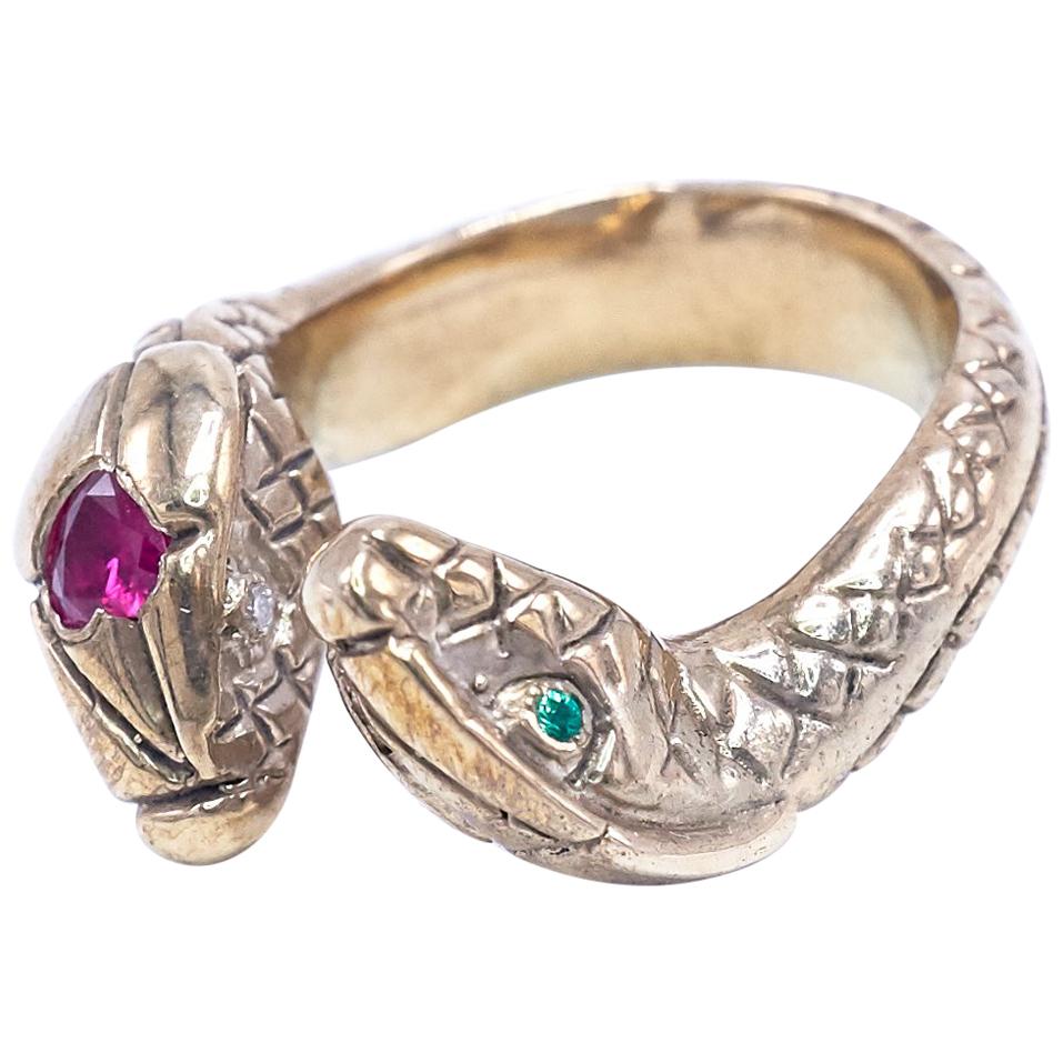  White Diamond  Emerald Heart Ruby Snake Cocktail  Bronze Ring  J Dauphin
