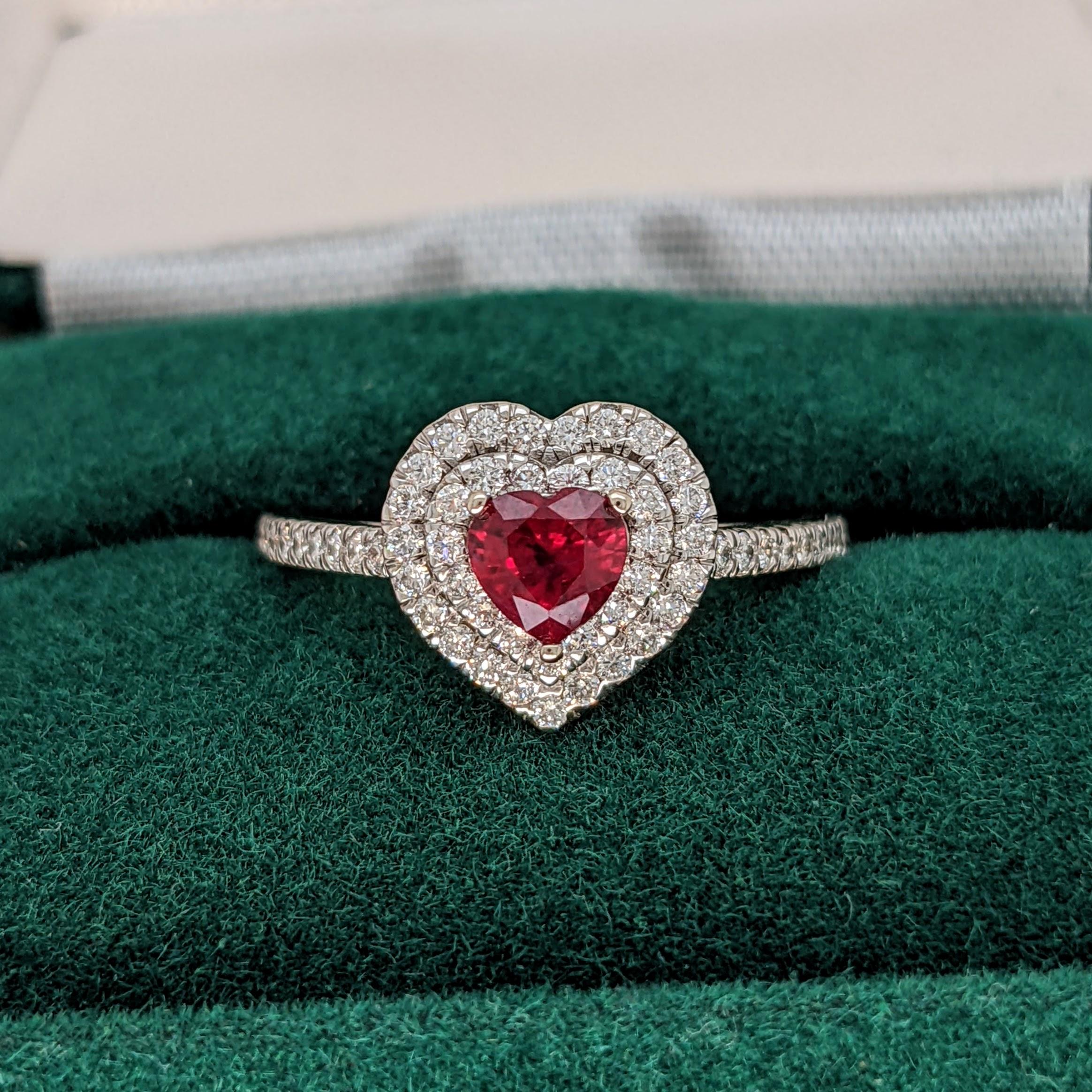 Heart Shape 1.5ct Red Burma Ruby in 14K White Gold W Natural Diamond Double Halo In New Condition In Columbus, OH