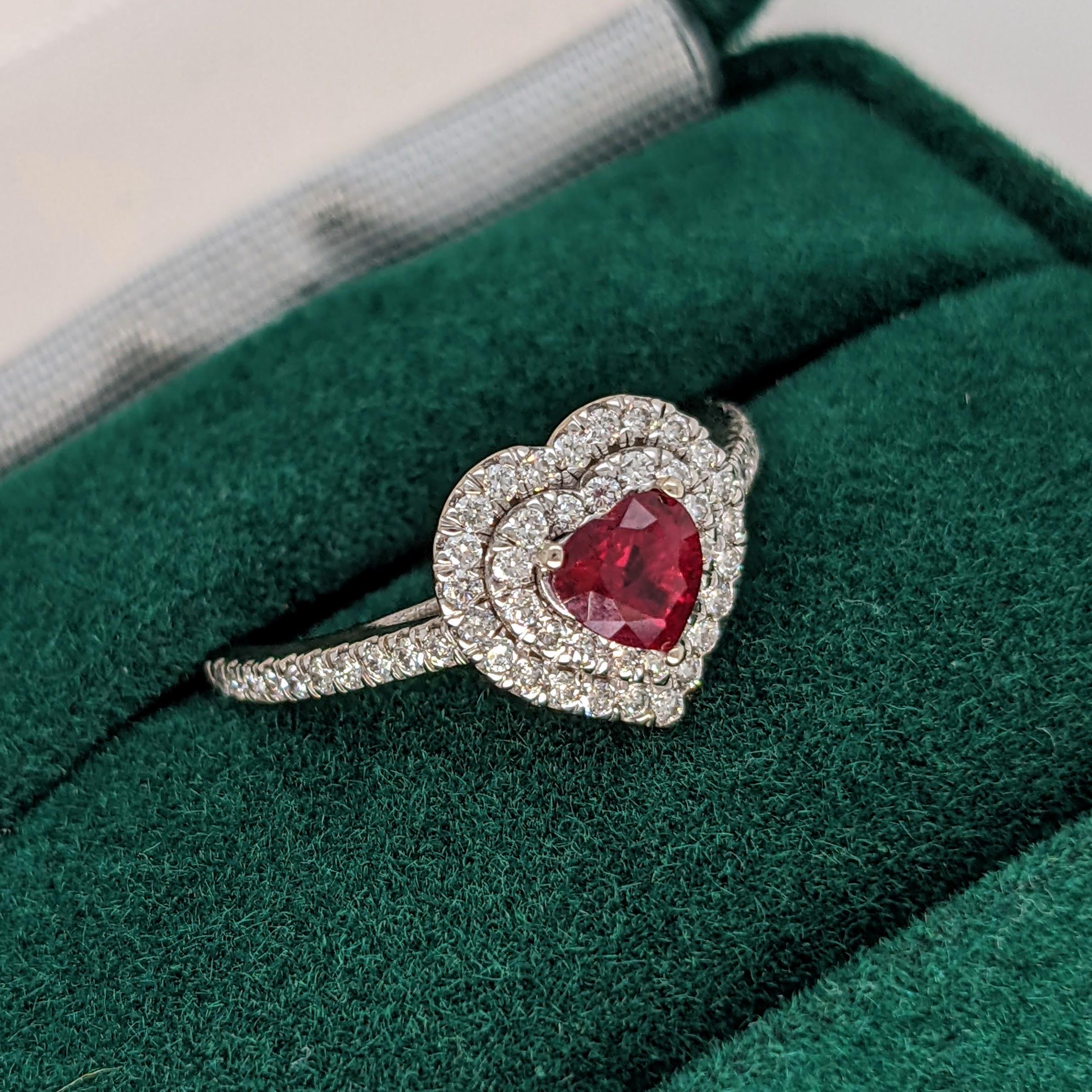 Women's or Men's Heart Shape 1.5ct Red Burma Ruby in 14K White Gold W Natural Diamond Double Halo