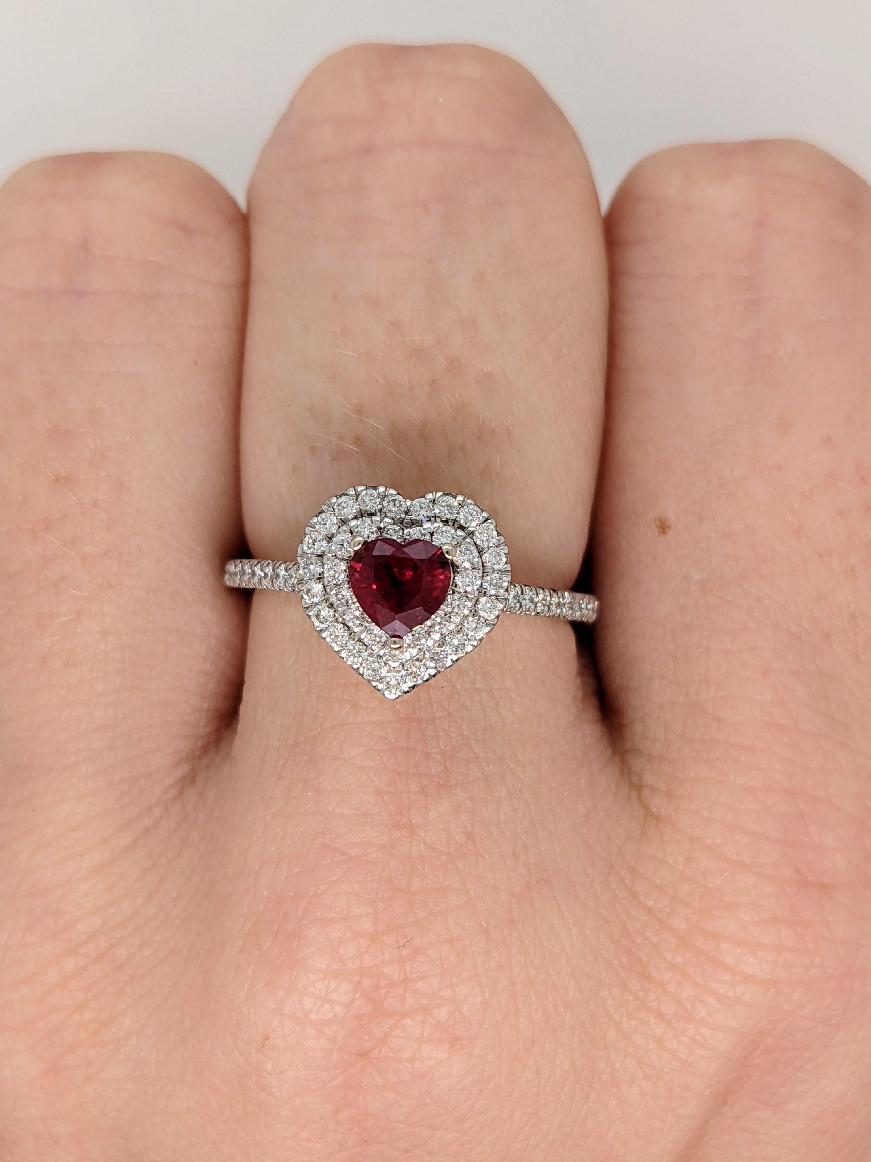 Heart Shape 1.5ct Red Burma Ruby in 14K White Gold W Natural Diamond Double Halo 1
