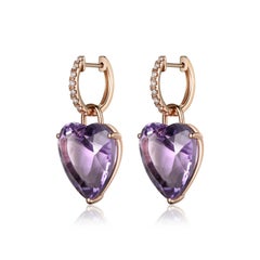 Heart Shape Amethyst Diamond Hoop Dangle Earring in 14 Karat Rose Gold
