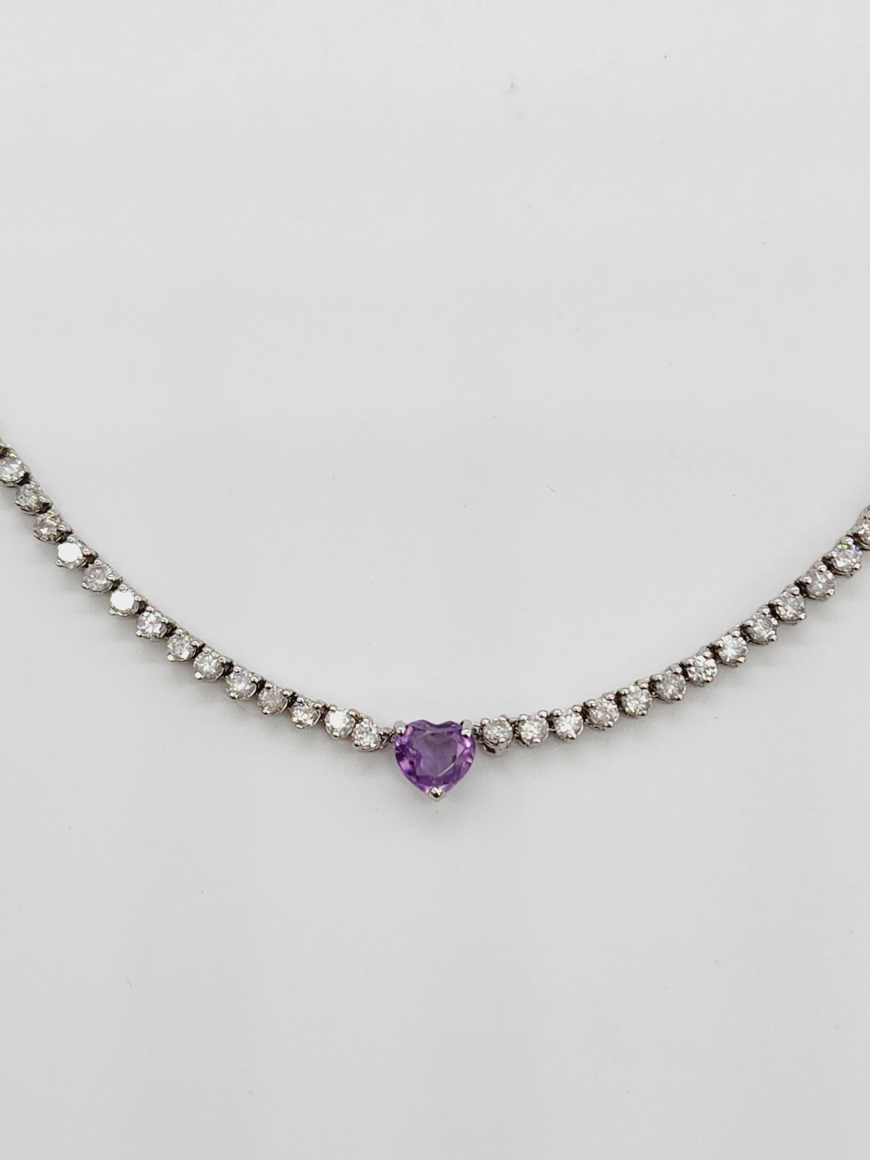 Heart Shape Amethyst Diamond Necklace 14 Karat White Gold In New Condition In Great Neck, NY