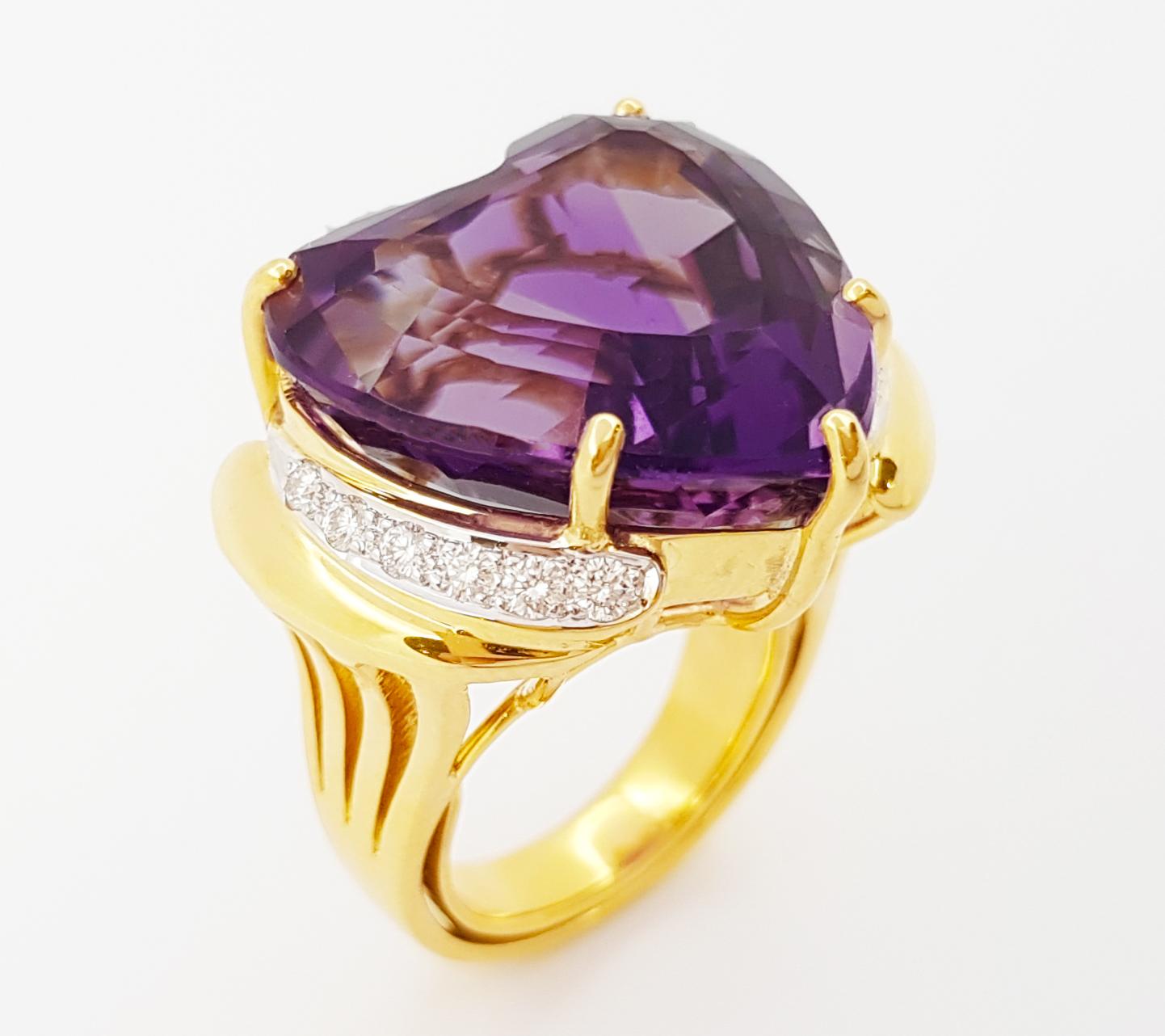 Anello con ametista a forma di cuore e diamante incastonato in oro 14K in vendita 6