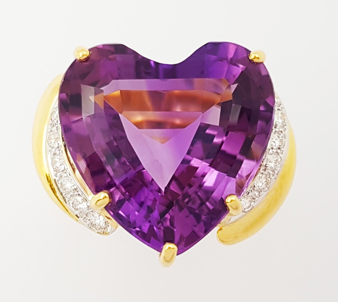 Anello con ametista a forma di cuore e diamante incastonato in oro 14K in vendita 9