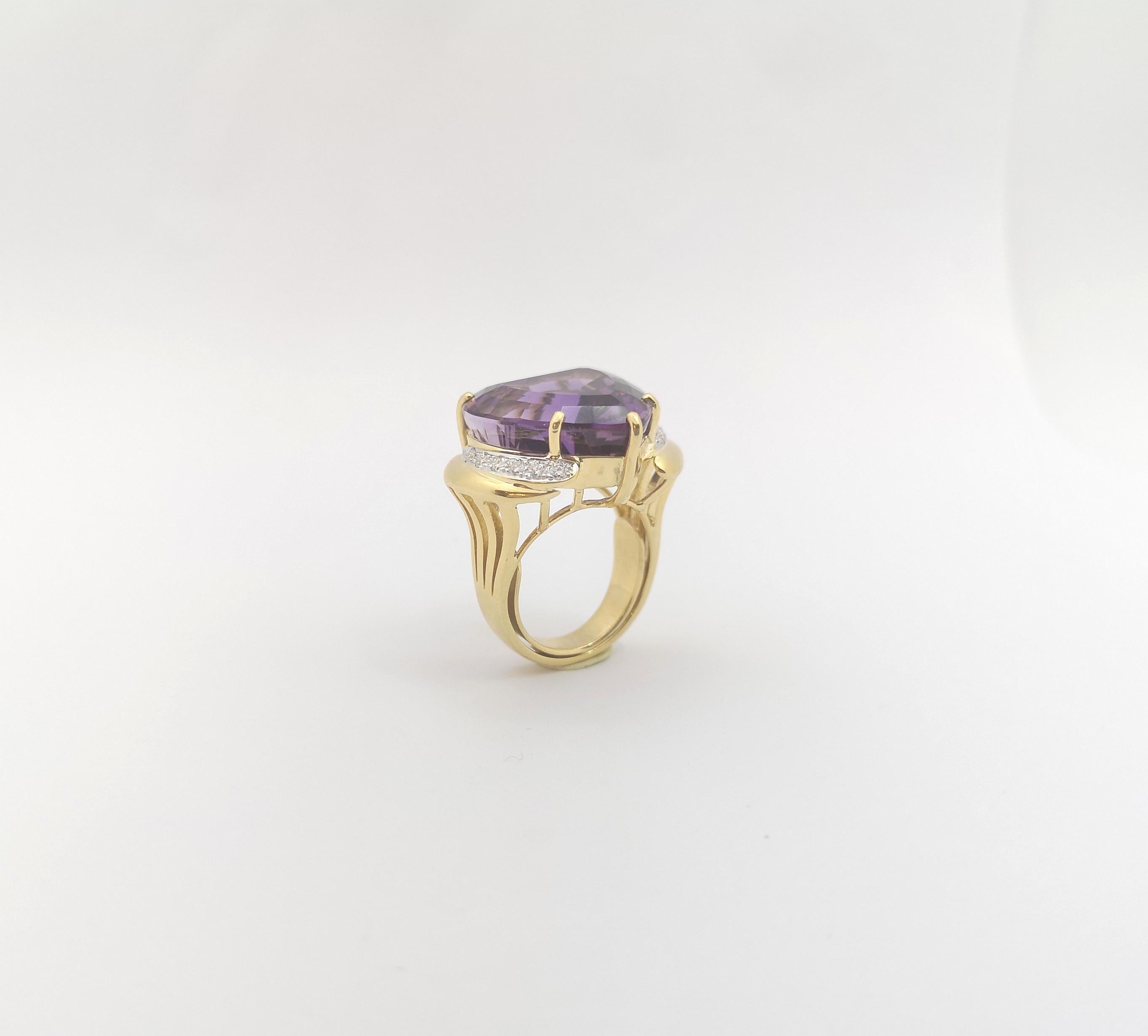 Anello con ametista a forma di cuore e diamante incastonato in oro 14K in vendita 2