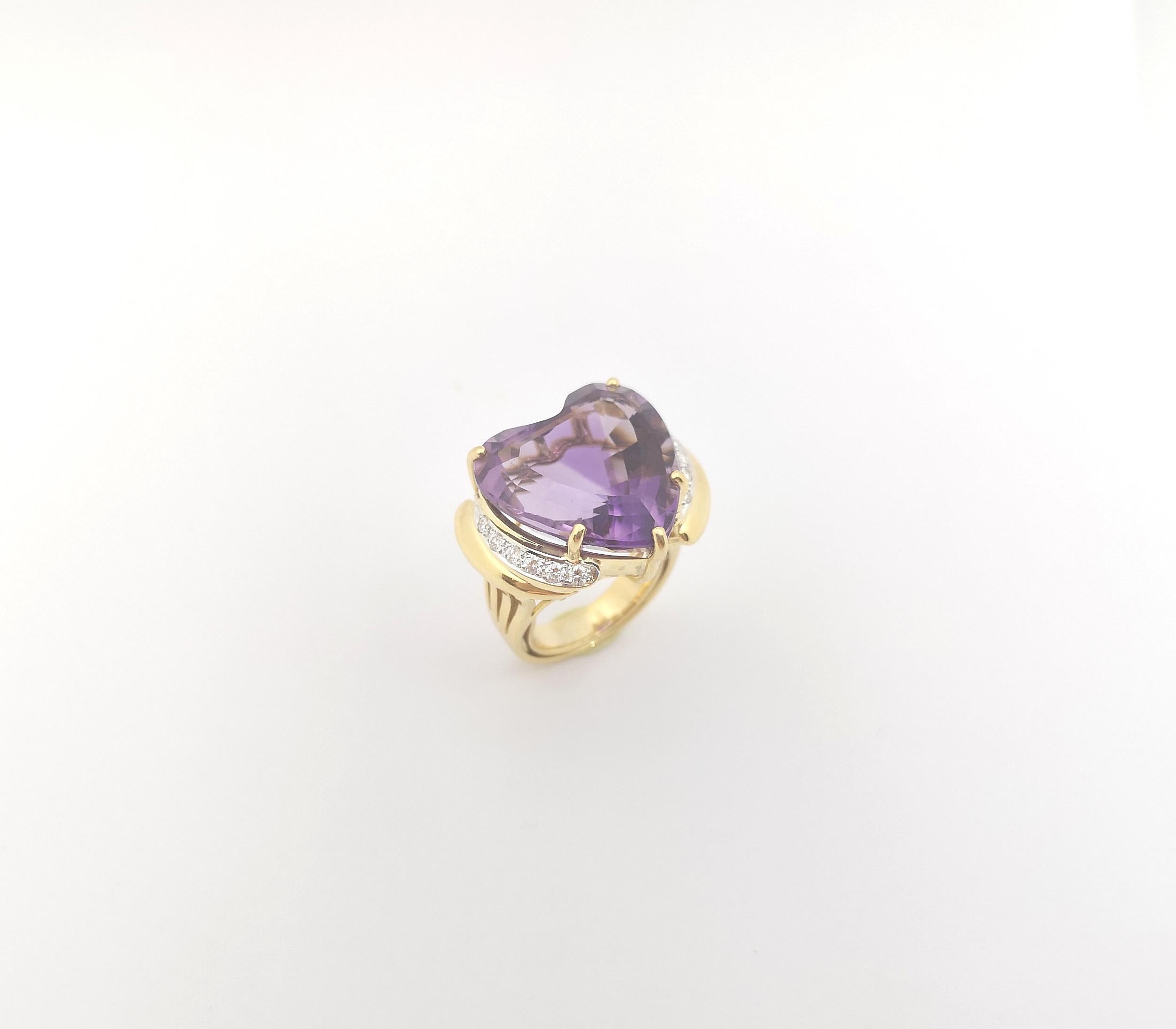Anello con ametista a forma di cuore e diamante incastonato in oro 14K in vendita 3